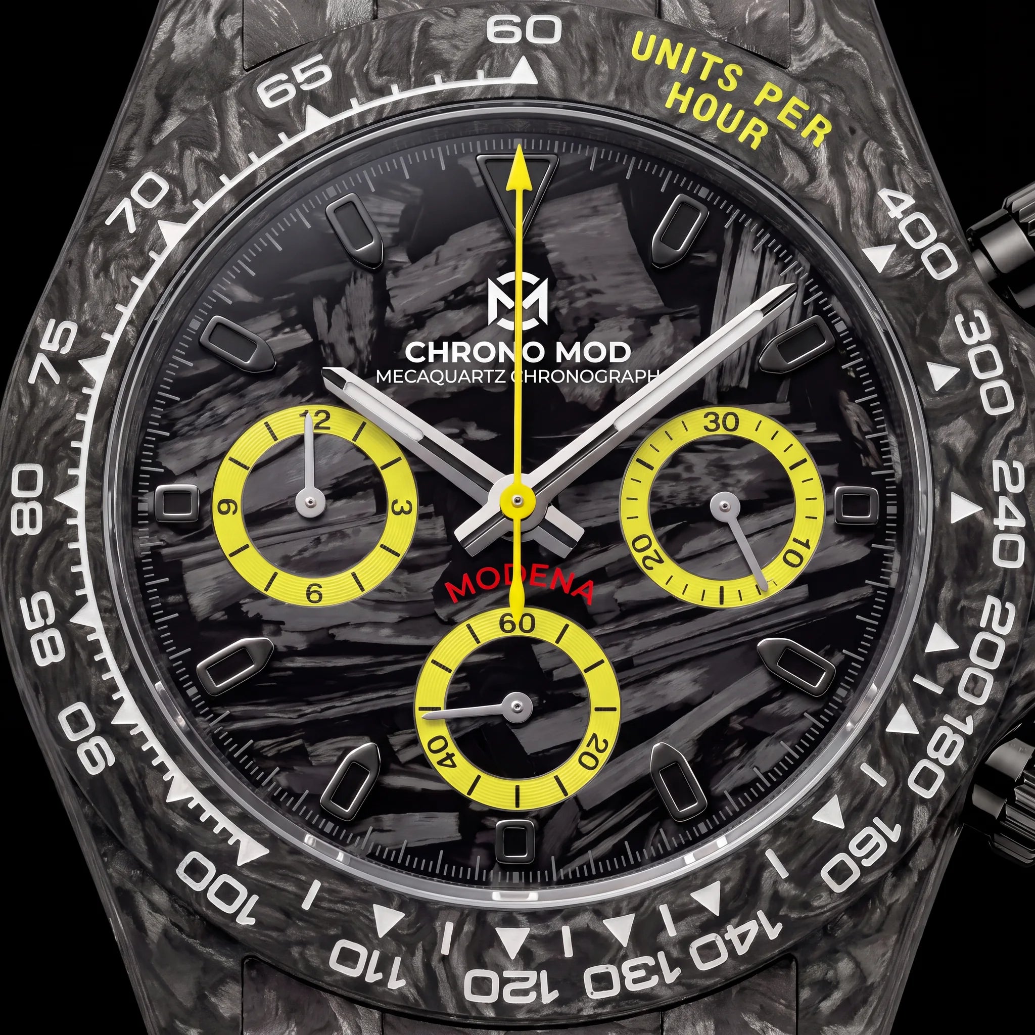 Chrono Mod Modena Carbon Yellow cadran macro
