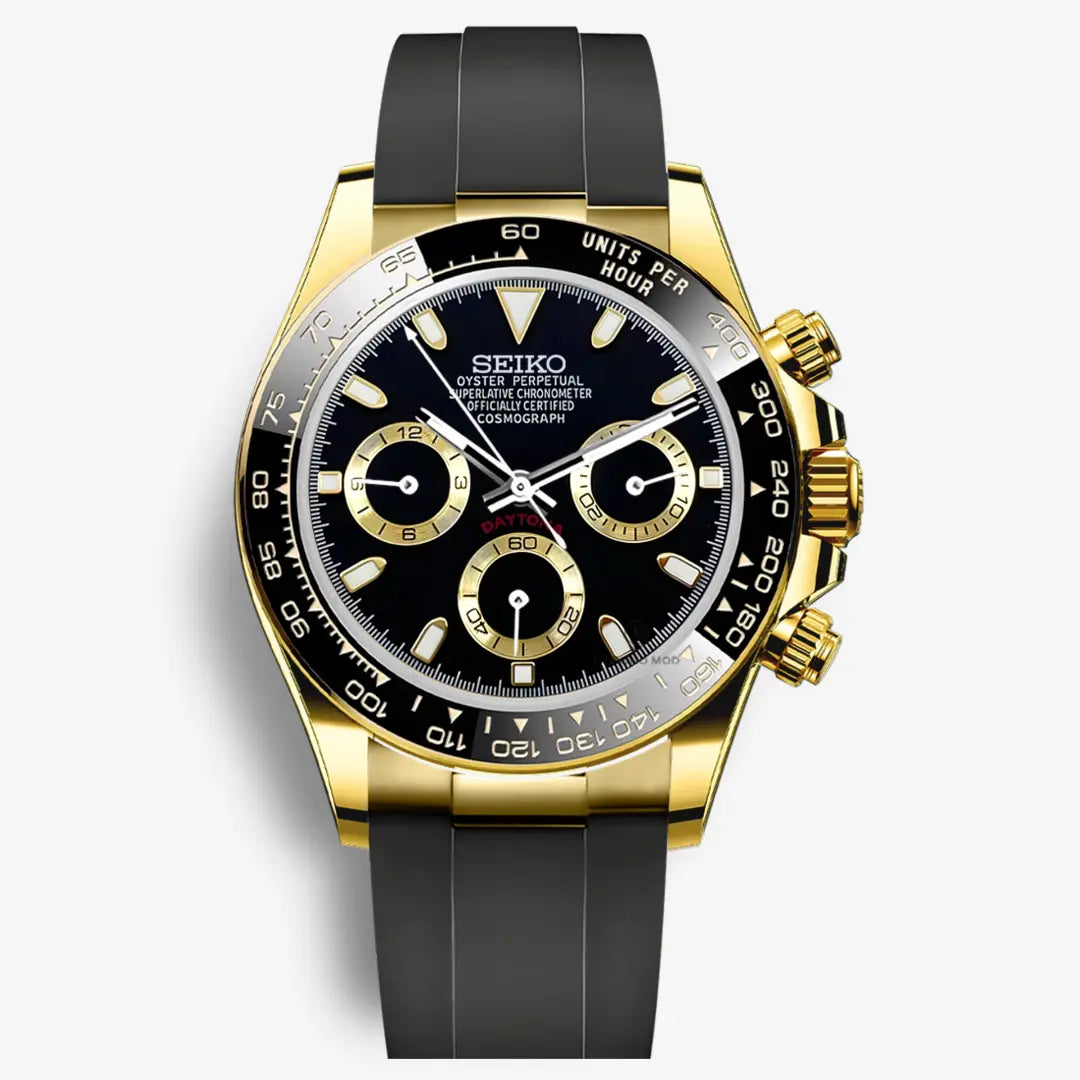 Seiko Mod Daytona Cosmograph Black Dial Rubber Strap | Gold Chrono Mod