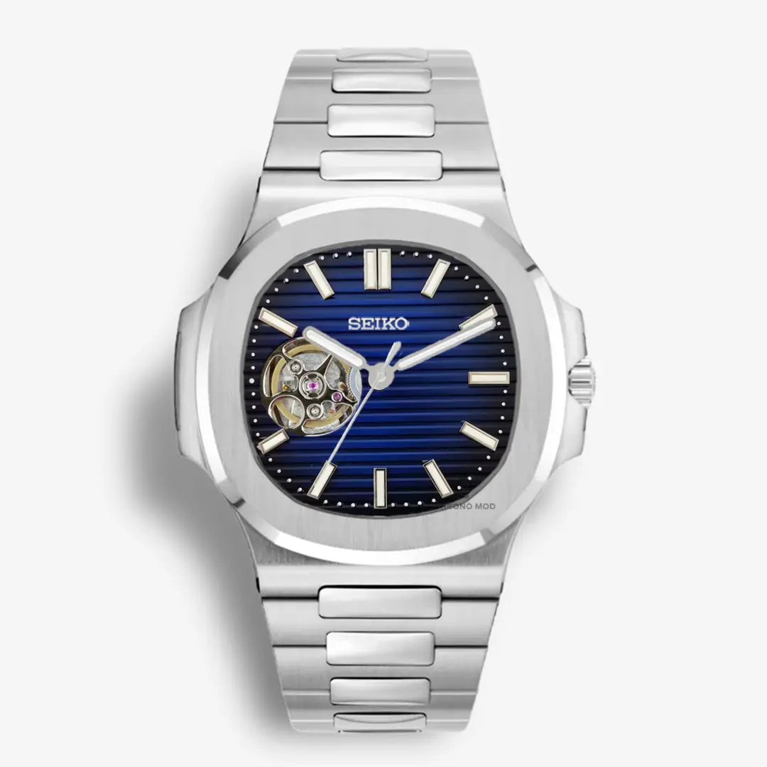 Seiko Mod Nautilus Open Heart | Blue Chrono Mod