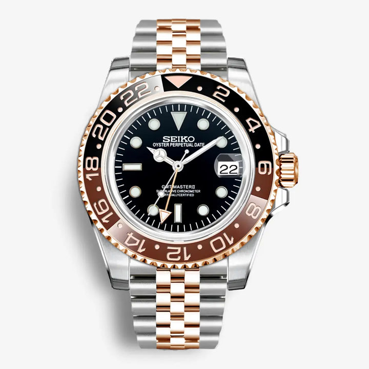 Seiko mod gmt rolesor oro | marrón y negro