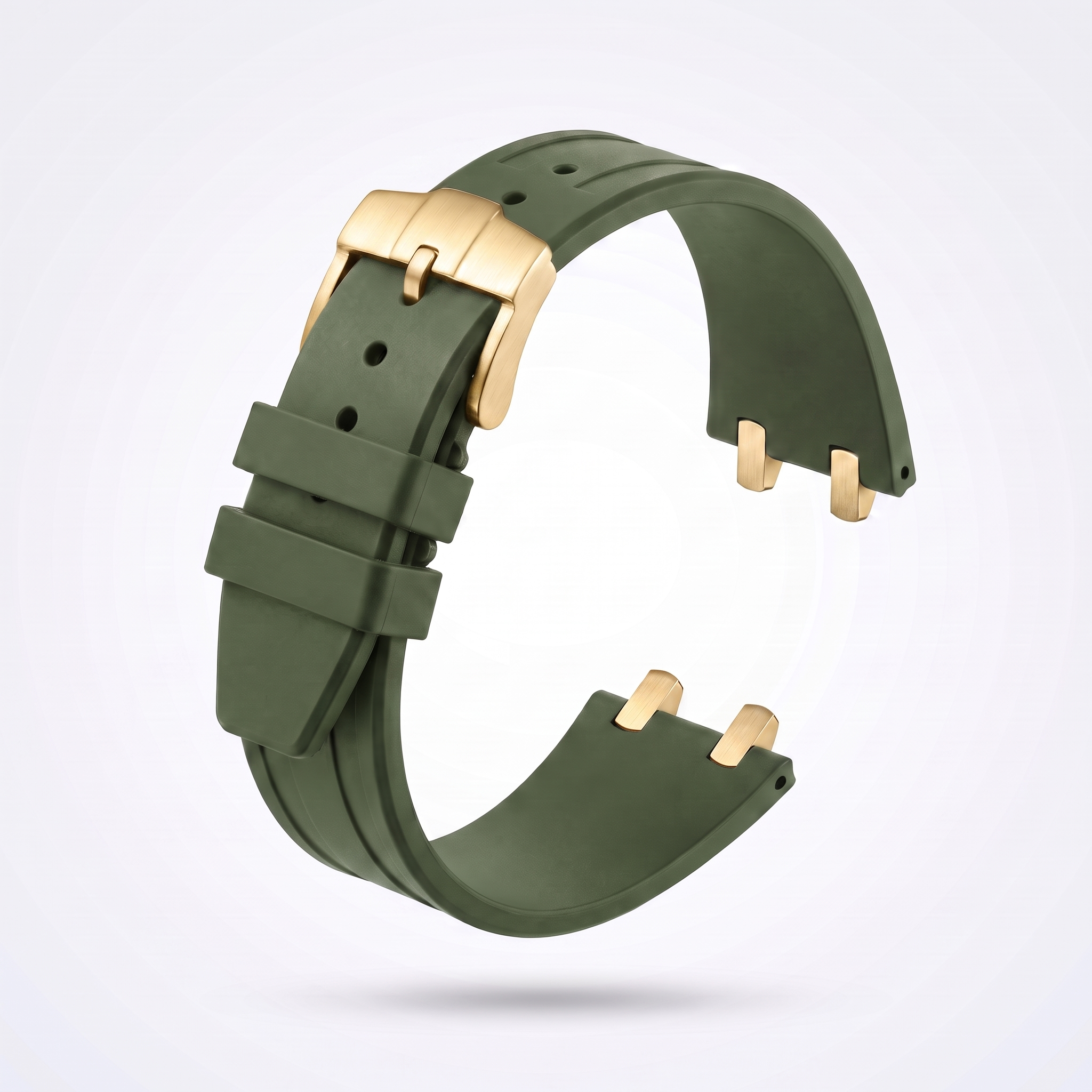Army green 26 mm rubber watch strap for the Apex case with polished yellow gold pin buckle