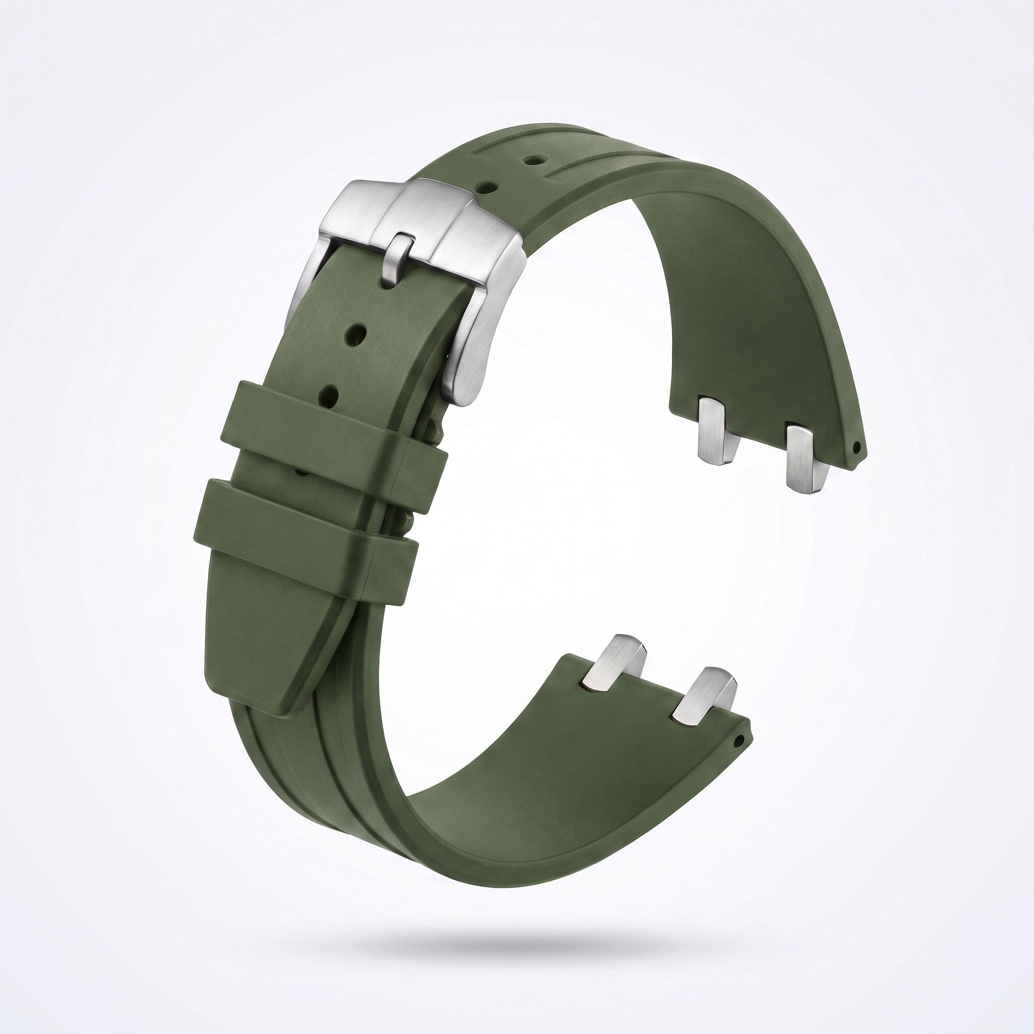 Army green 26 mm rubber watch strap for the Apex case with brushed stainless steel pin buckle