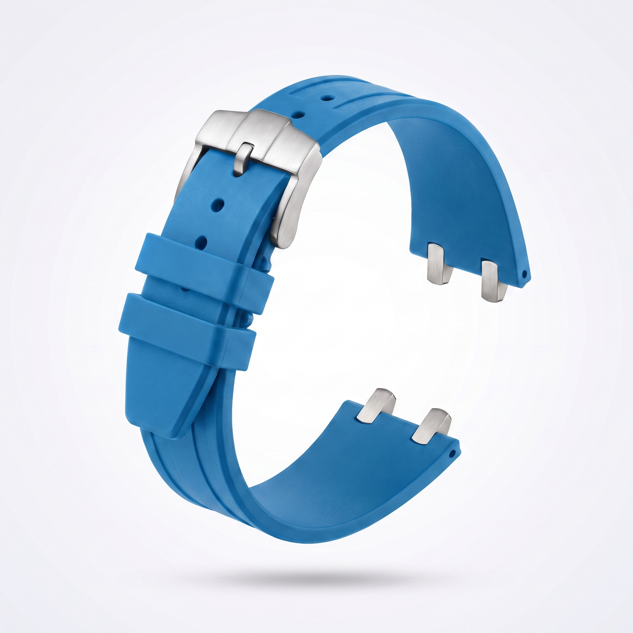 Azure blue 26 mm rubber watch strap for the Apex case with brushed stainless steel pin buckle