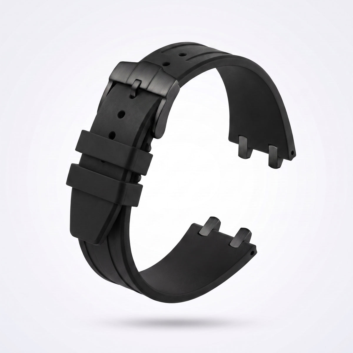 Black 26 mm rubber watch strap for the Apex case with matte black PVD pin buckle