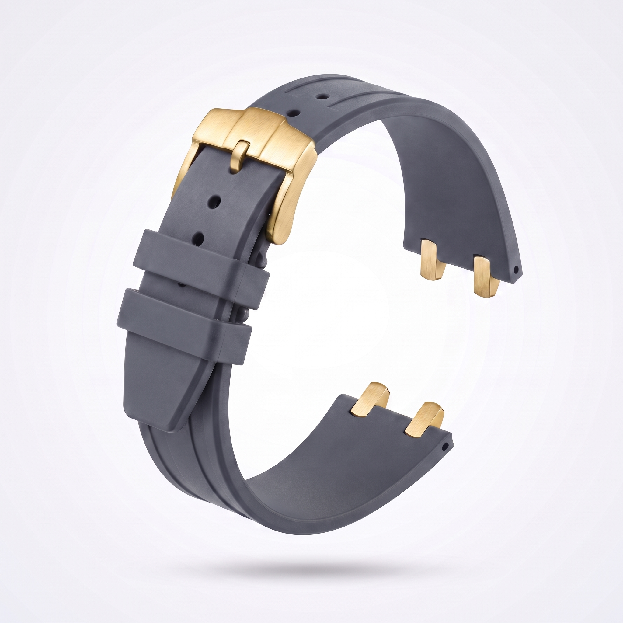 Grey 26 mm rubber watch strap for the Apex case with polished yellow gold pin buckle