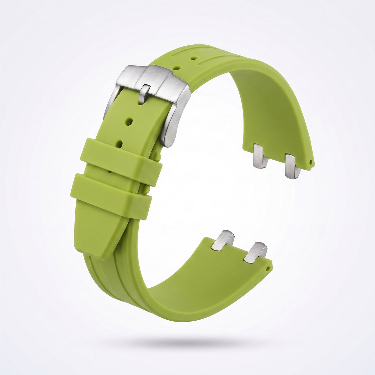 Lime green 26 mm rubber watch strap for the Apex case with brushed stainless steel pin buckle