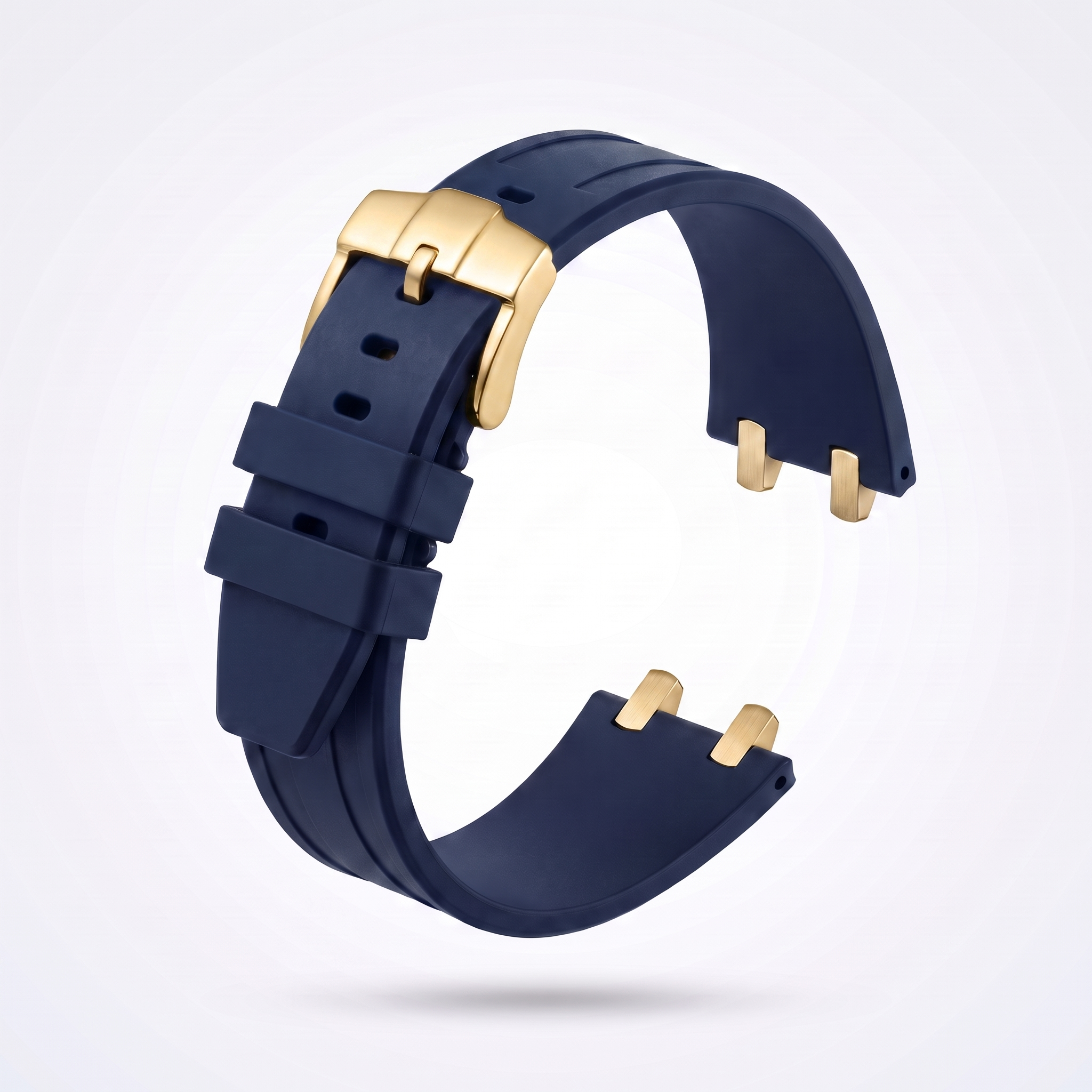 Midnight blue 26 mm rubber watch strap for the Apex case with polished yellow gold pin buckle