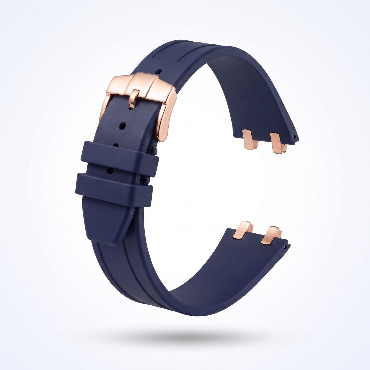 Navy blue 26 mm rubber watch strap for the Apex case with polished rose gold pin buckle