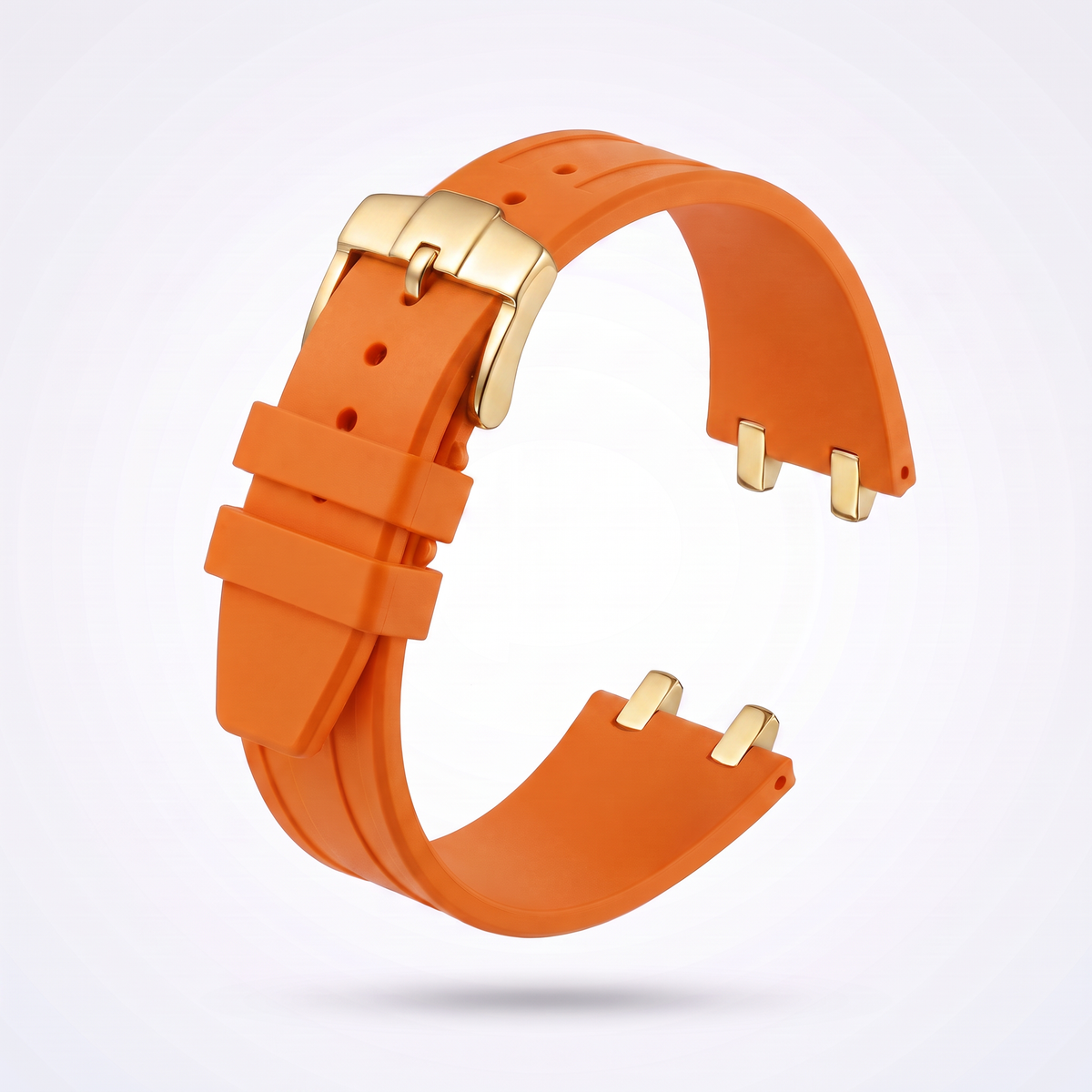 Orange 26 mm rubber watch strap for the Apex case with polished yellow gold pin buckle