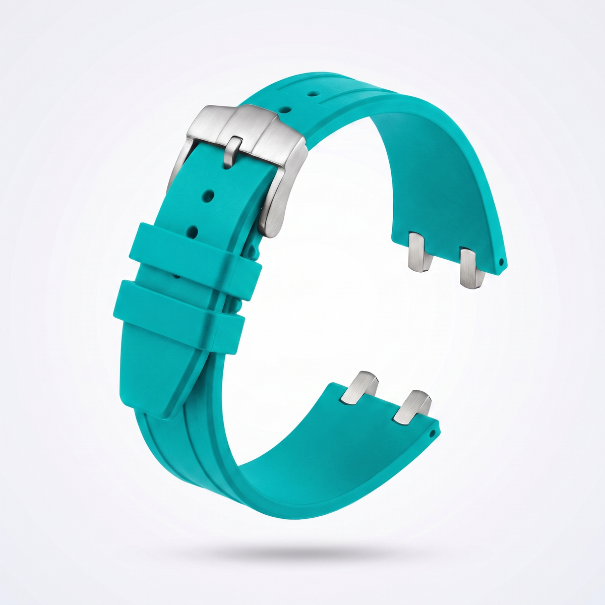 Turquoise 26 mm rubber watch strap for the Apex case with brushed stainless steel pin buckle