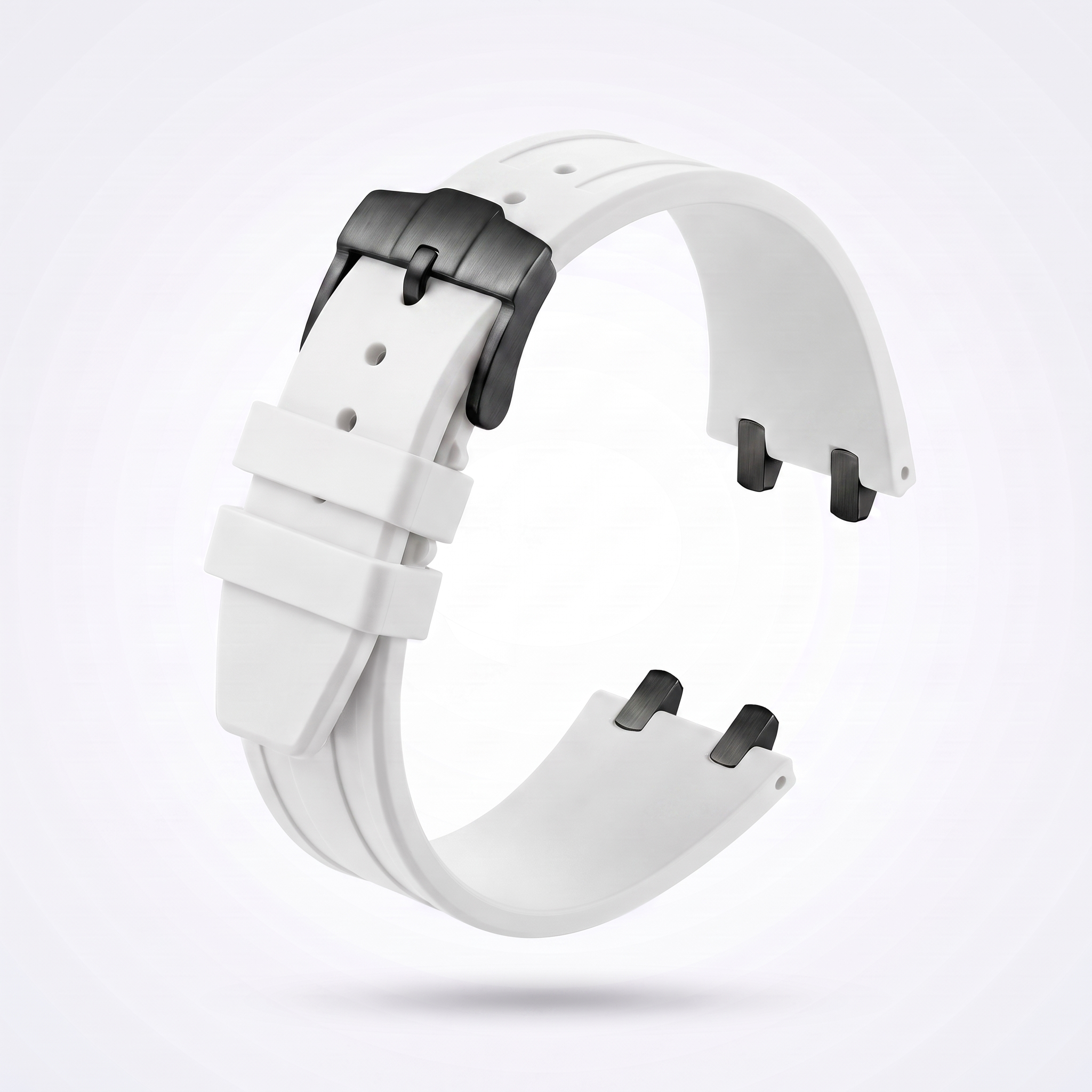 White 26 mm rubber watch strap for the Apex case with matte black PVD pin buckle