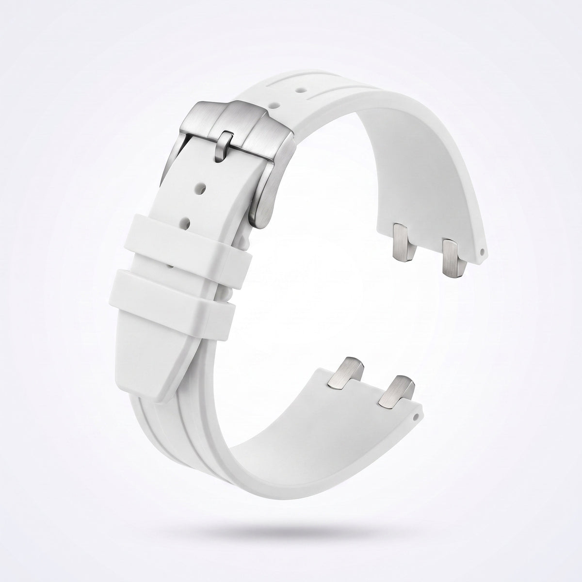 White 26 mm rubber watch strap for the Apex case with brushed stainless steel pin buckle