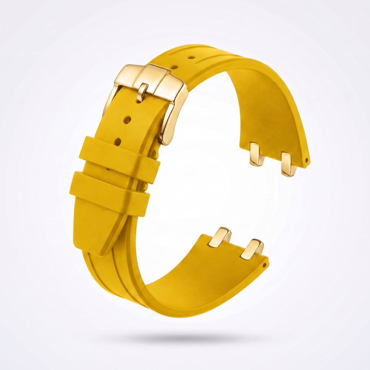 Yellow 26 mm rubber watch strap for the Apex case with polished yellow gold pin buckle