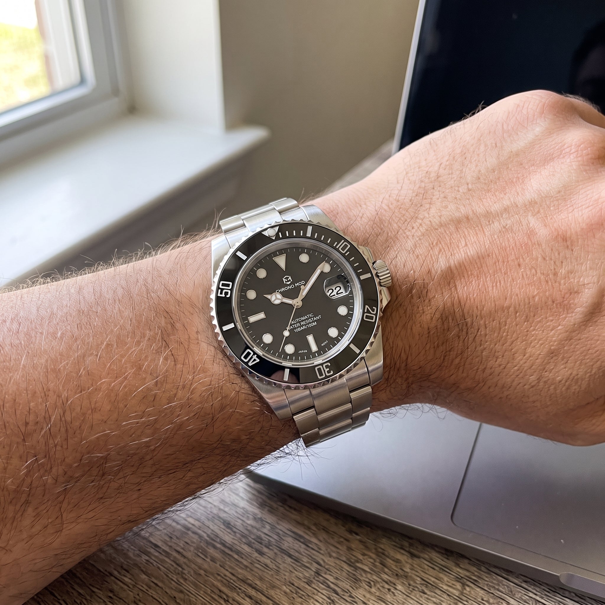 Chrono Mod DeptMaster diver worn on the wrist, natural light