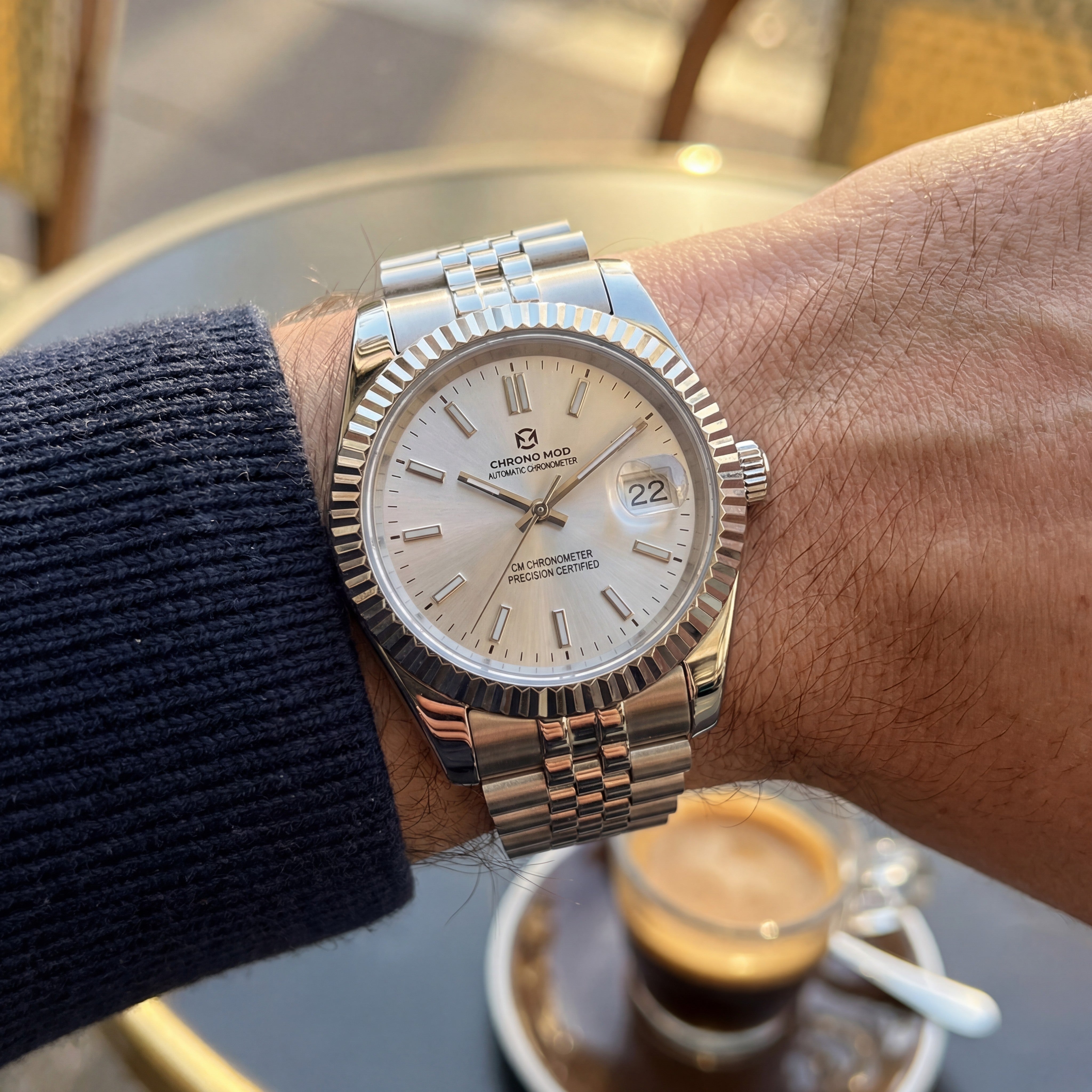 Classic Date – White Sunburst Dial Chrono Mod