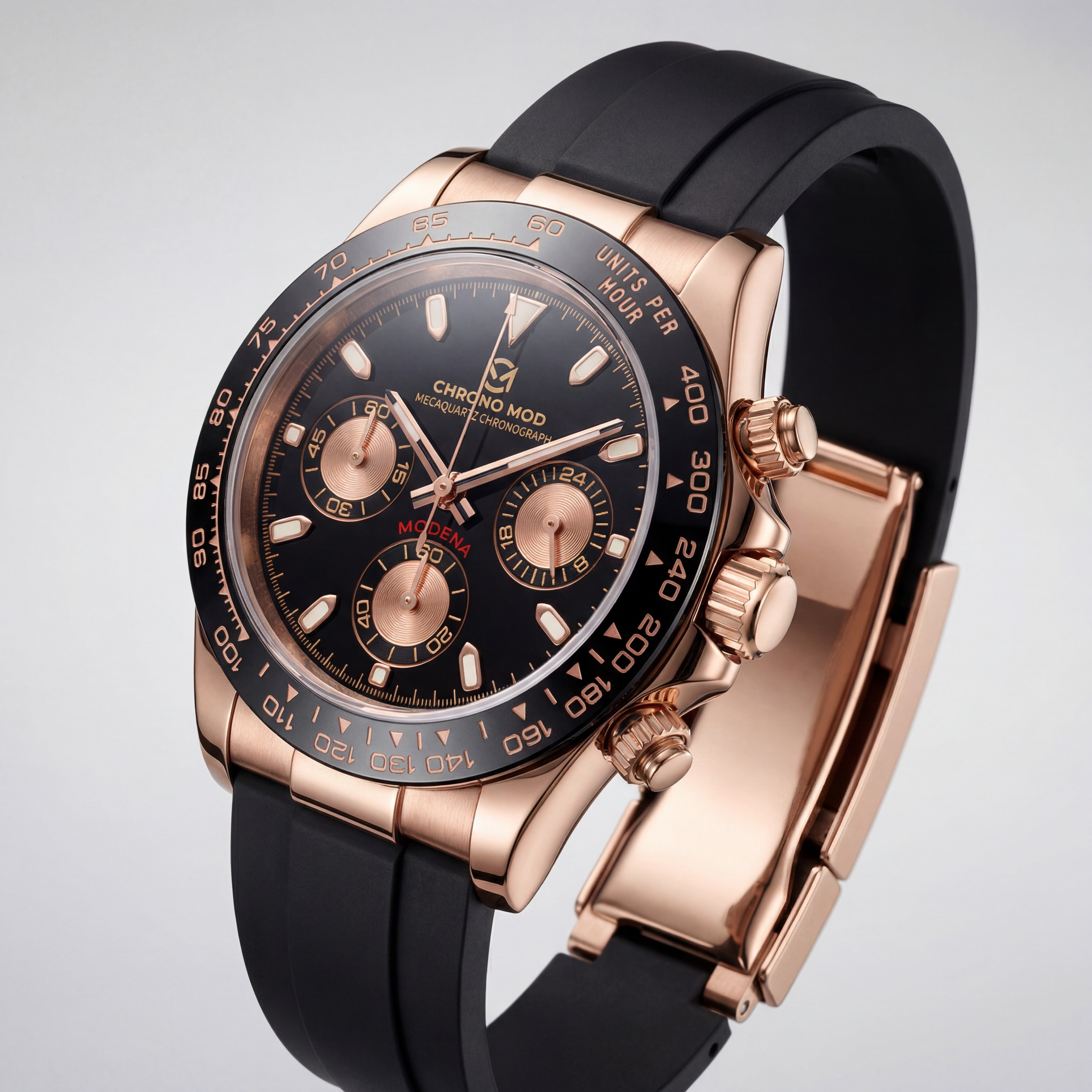 Modena – Black Chronograph · Rose Gold Rubber Chrono Mod
