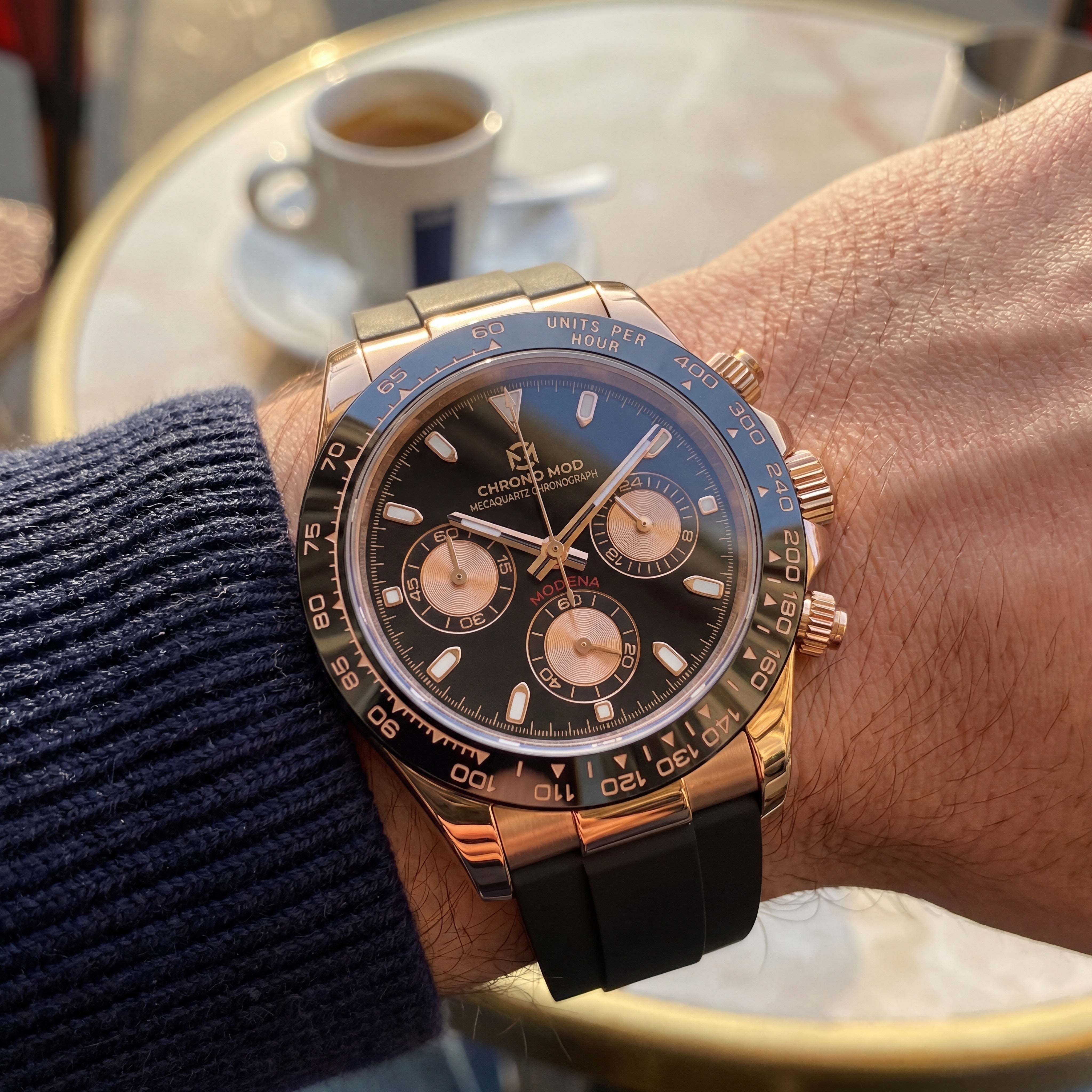 Modena – Black Chronograph · Rose Gold Rubber Chrono Mod