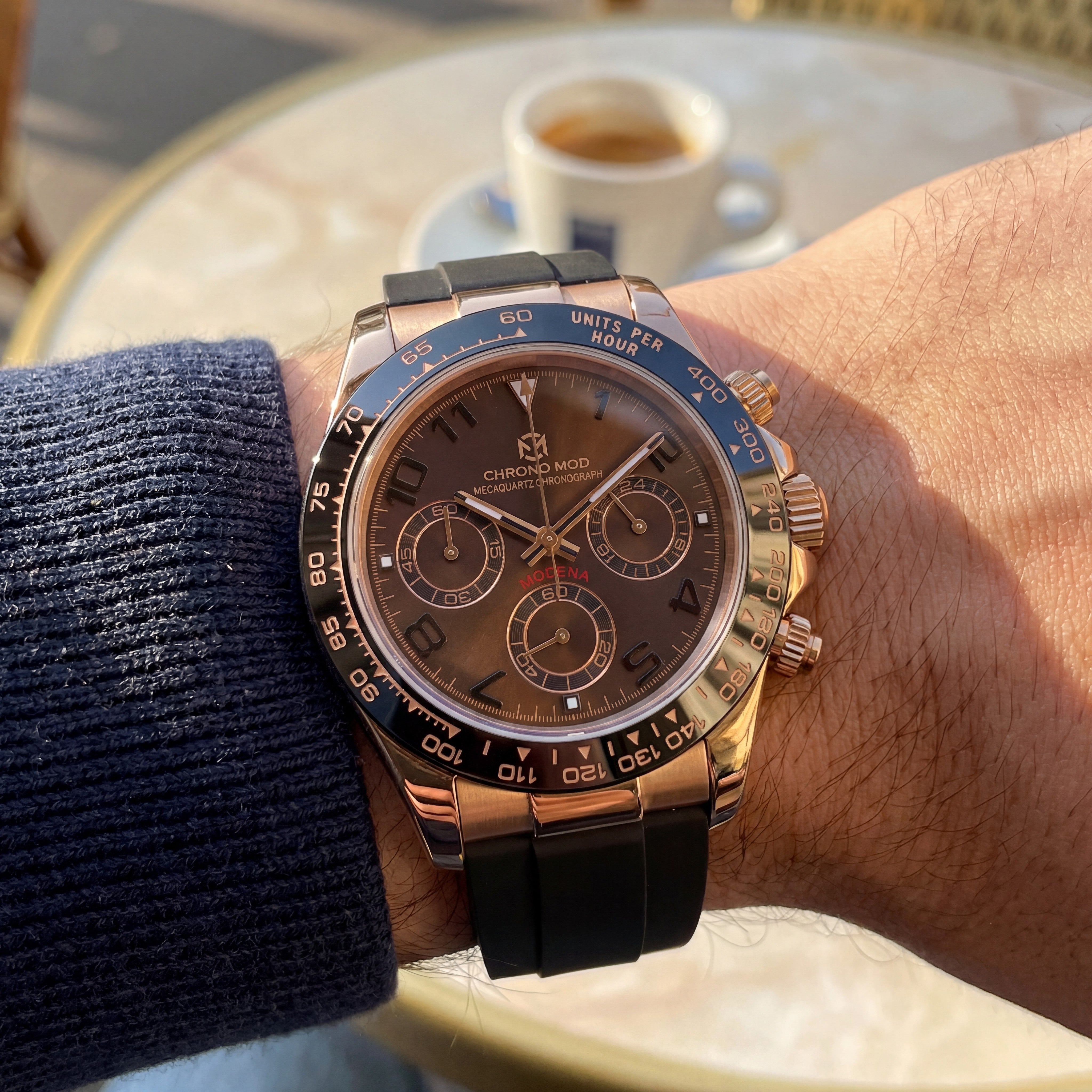 Modena – Chocolate Dial · Rose Gold Chronograph Rubber Strap Chrono Mod