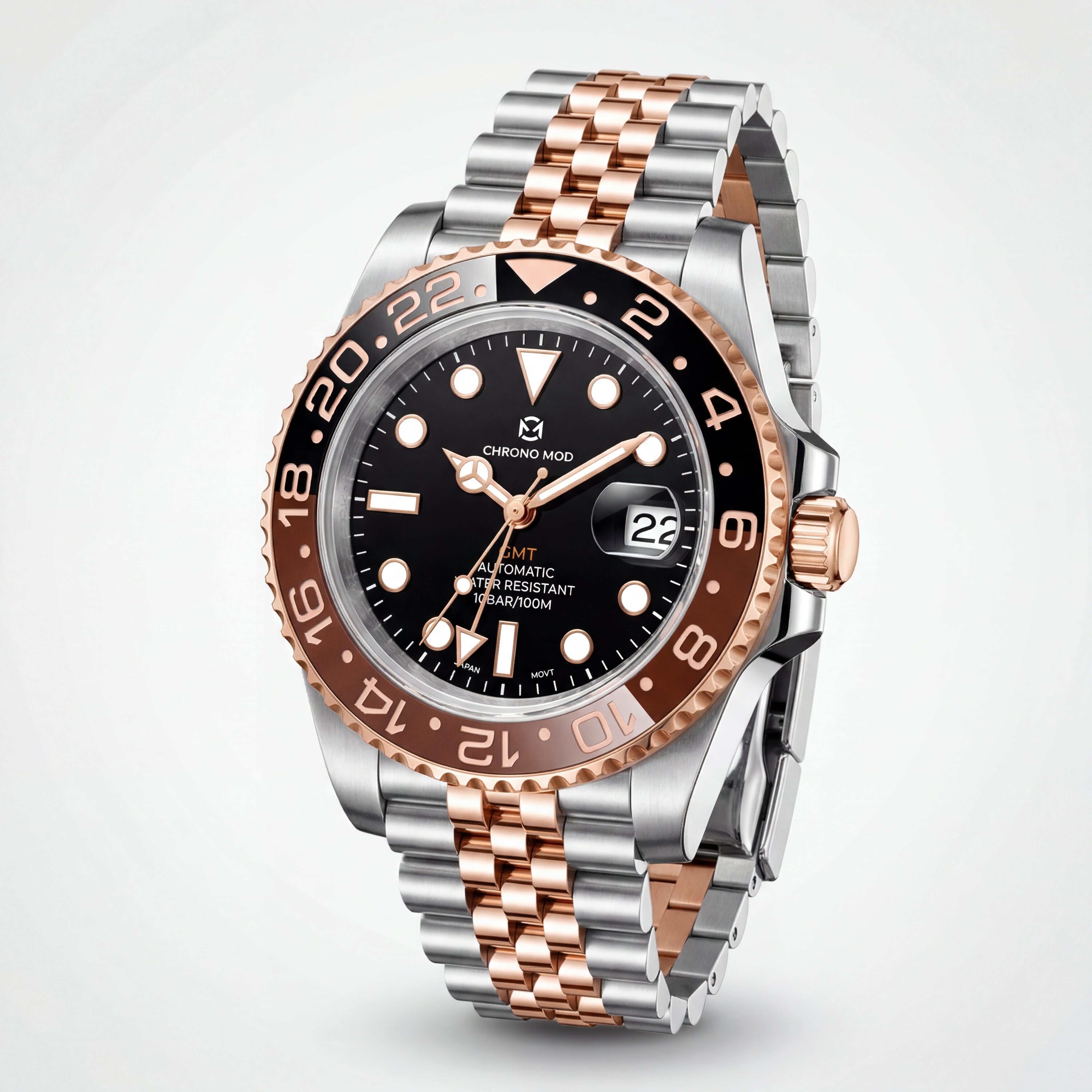 GMT Dual-Time Rootbeer – Rose Gold Chrono Mod
