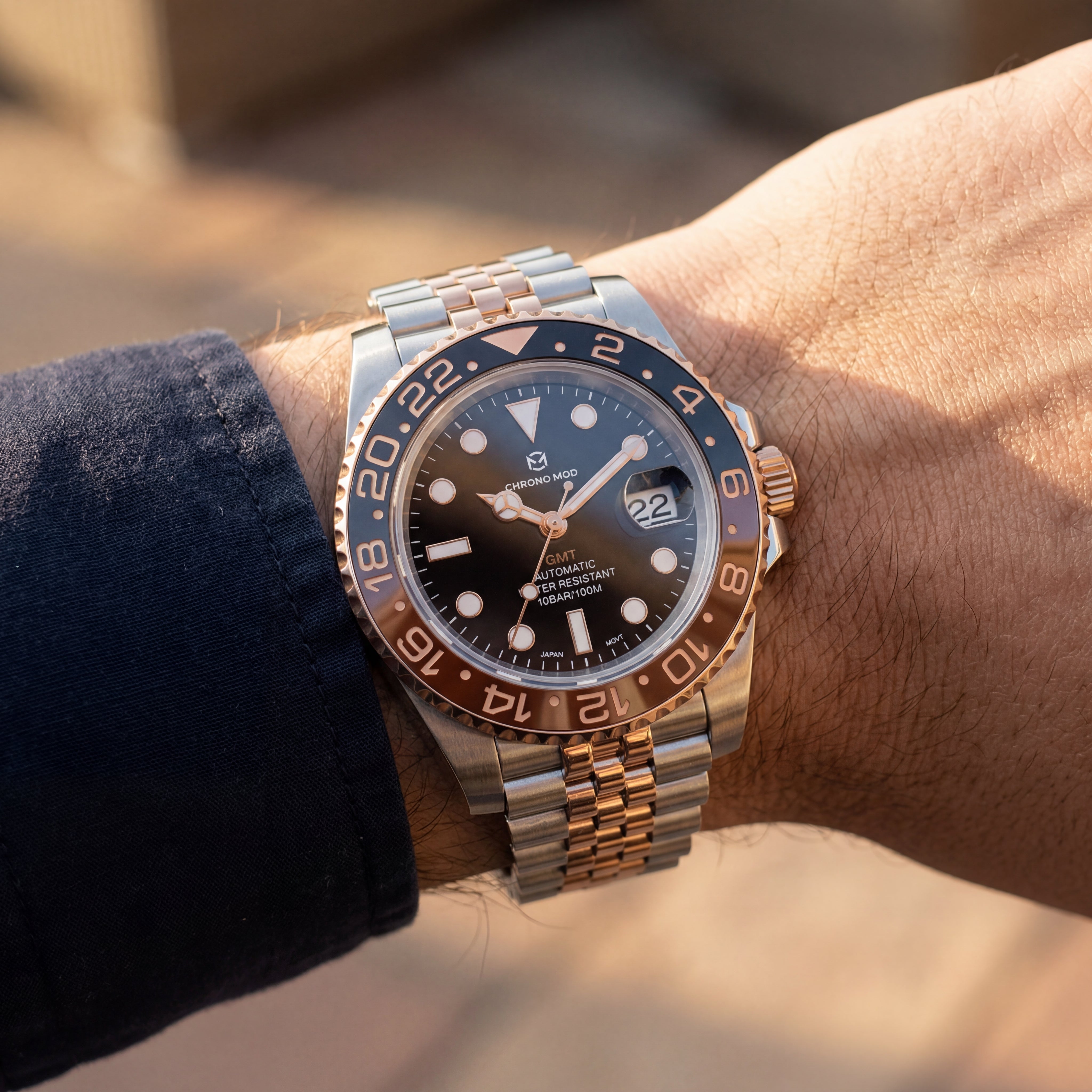 GMT Dual-Time Rootbeer – Rose Gold Chrono Mod
