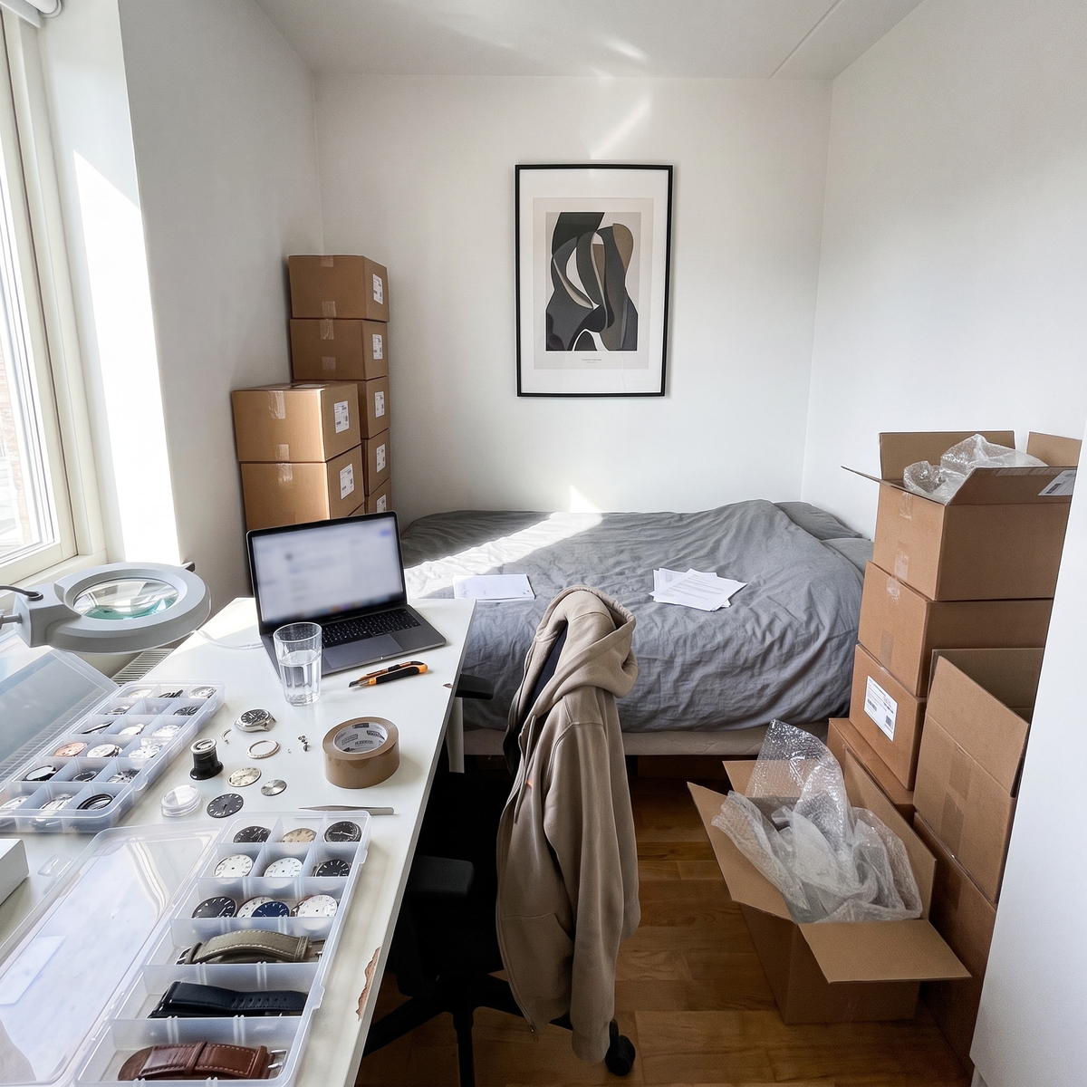 2025: the bedroom in Brest where Chrono Mod started, a cheap white desk covered in dials, cases and straps, shipping boxes stacked against the wall