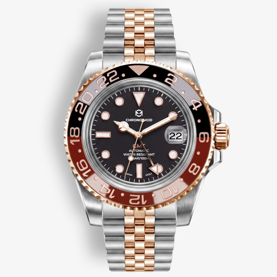 GMT Dual-Time Rootbeer, rose gold two tone Jubilee bracelet