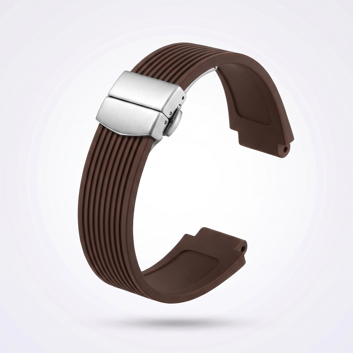 Horizon silicone watch strap, Brown, brushed steel deployant clasp