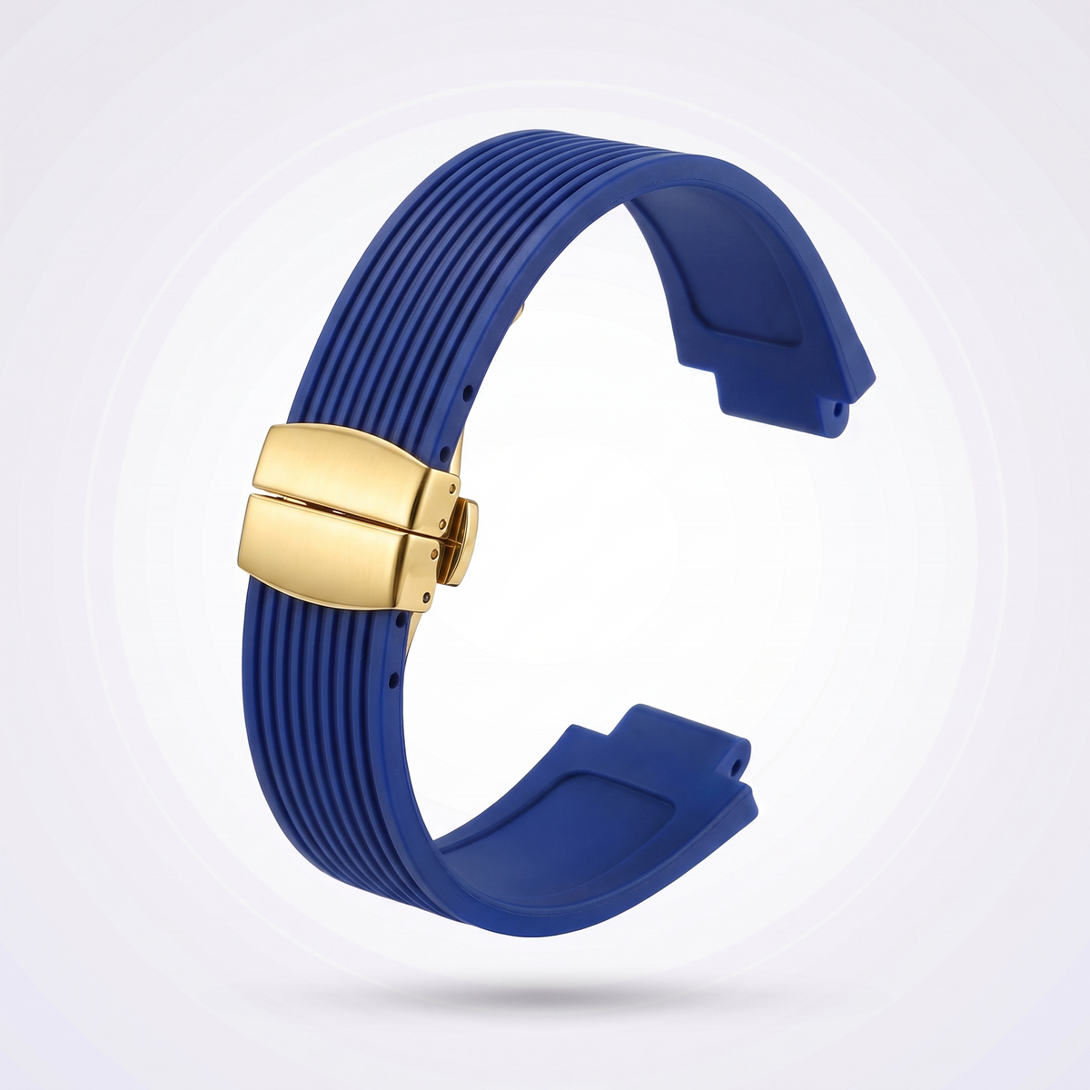 Horizon silicone watch strap, Blue, yellow gold deployant clasp