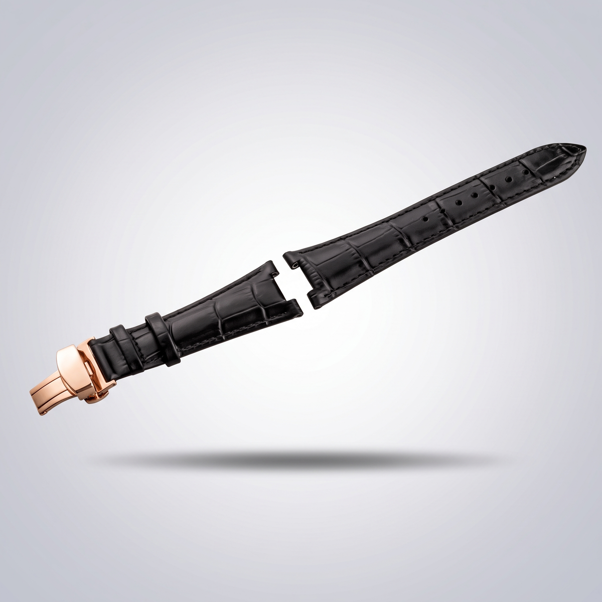 Horizon croc leather watch strap, Classic Black, rose gold deployant clasp