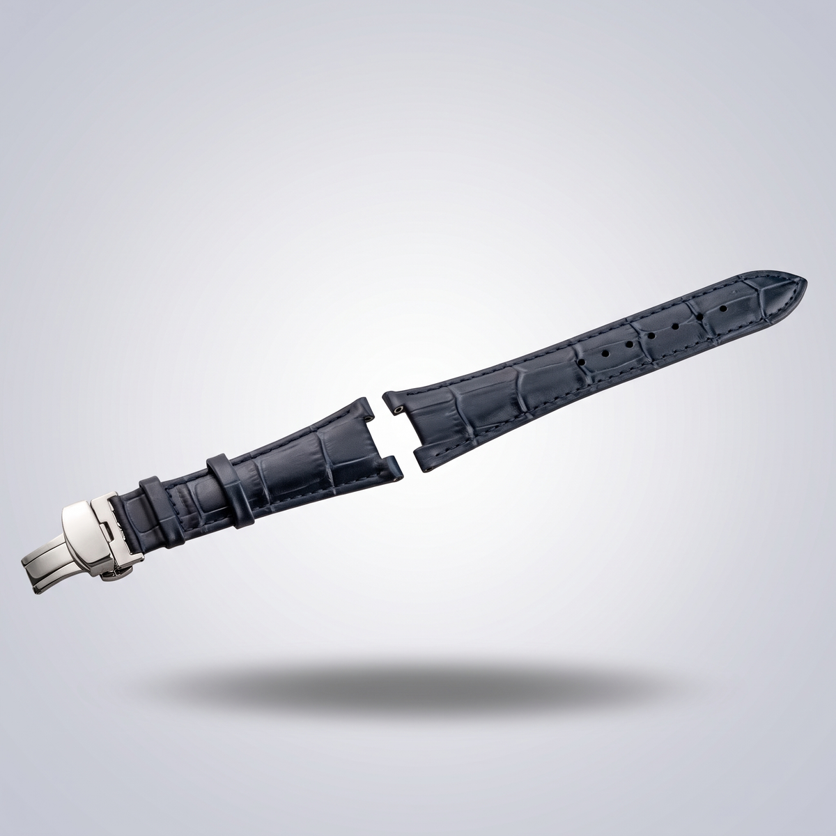 Horizon croc leather watch strap, Blue, brushed steel deployant clasp