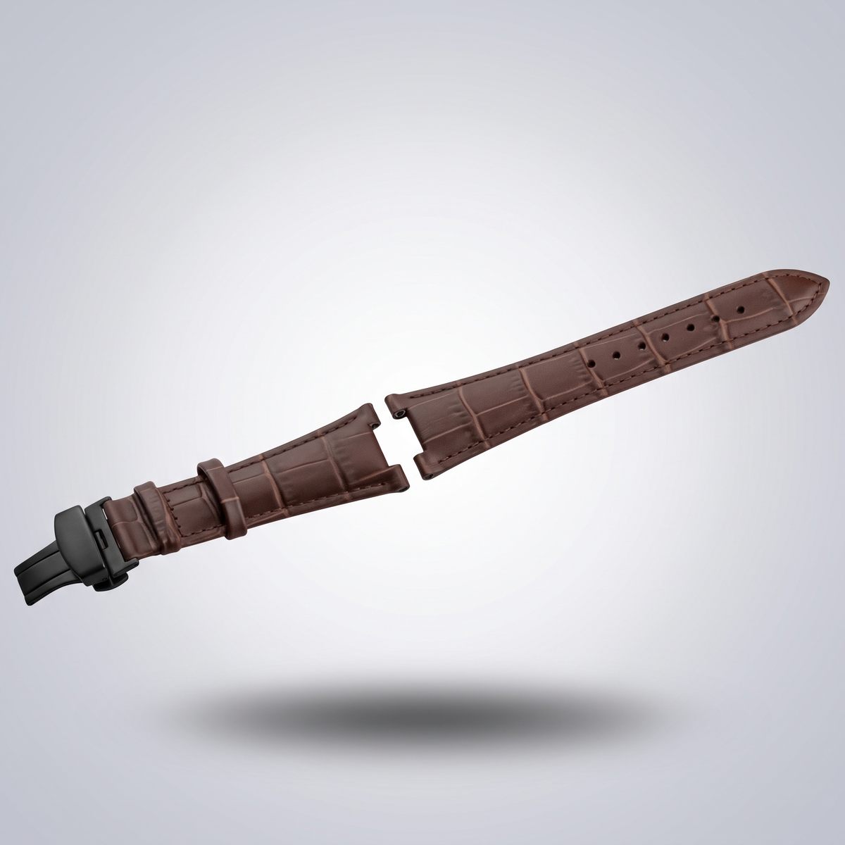 Horizon croc leather watch strap, Brown, black PVD deployant clasp