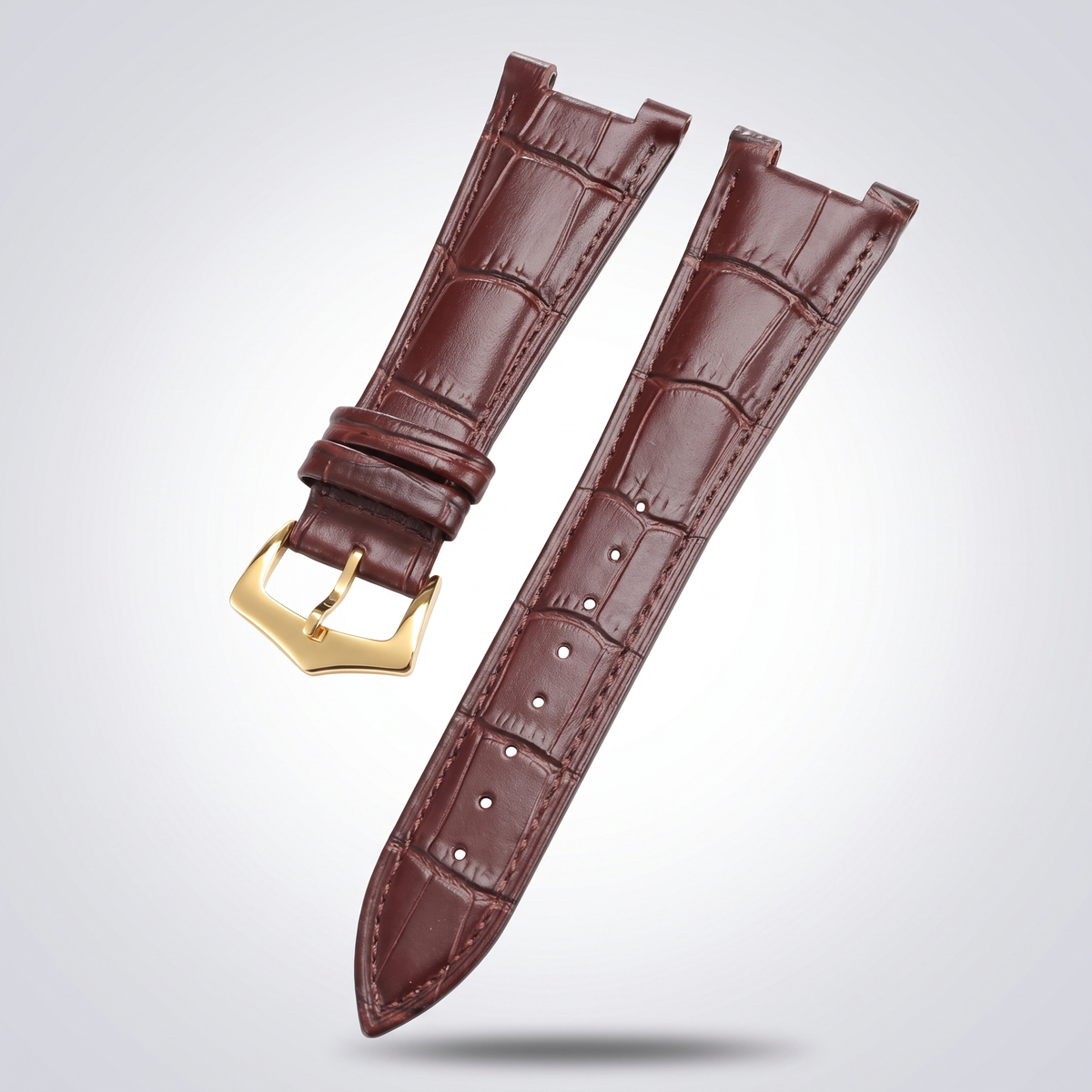 Horizon croc leather watch strap, Brown, yellow gold pin buckle