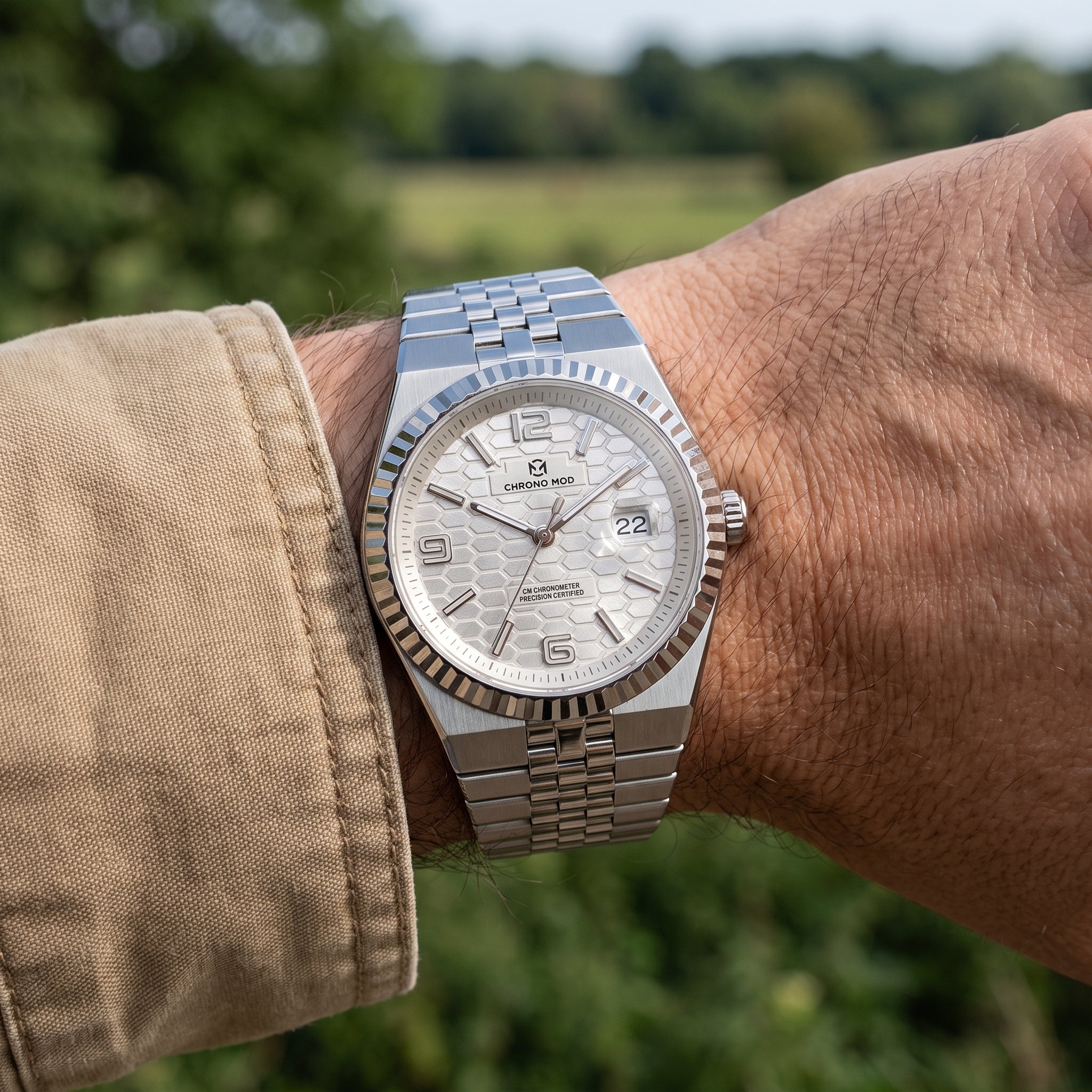 Chrono Mod LandMaster worn on the wrist outdoors, natural light