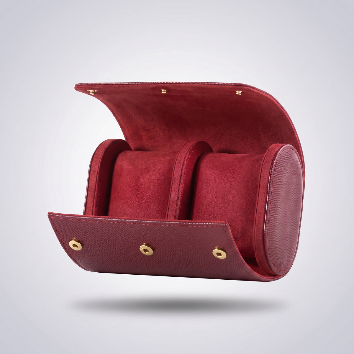 Burgundy Red leather watch roll for two watches, open, showing the red suede cushions