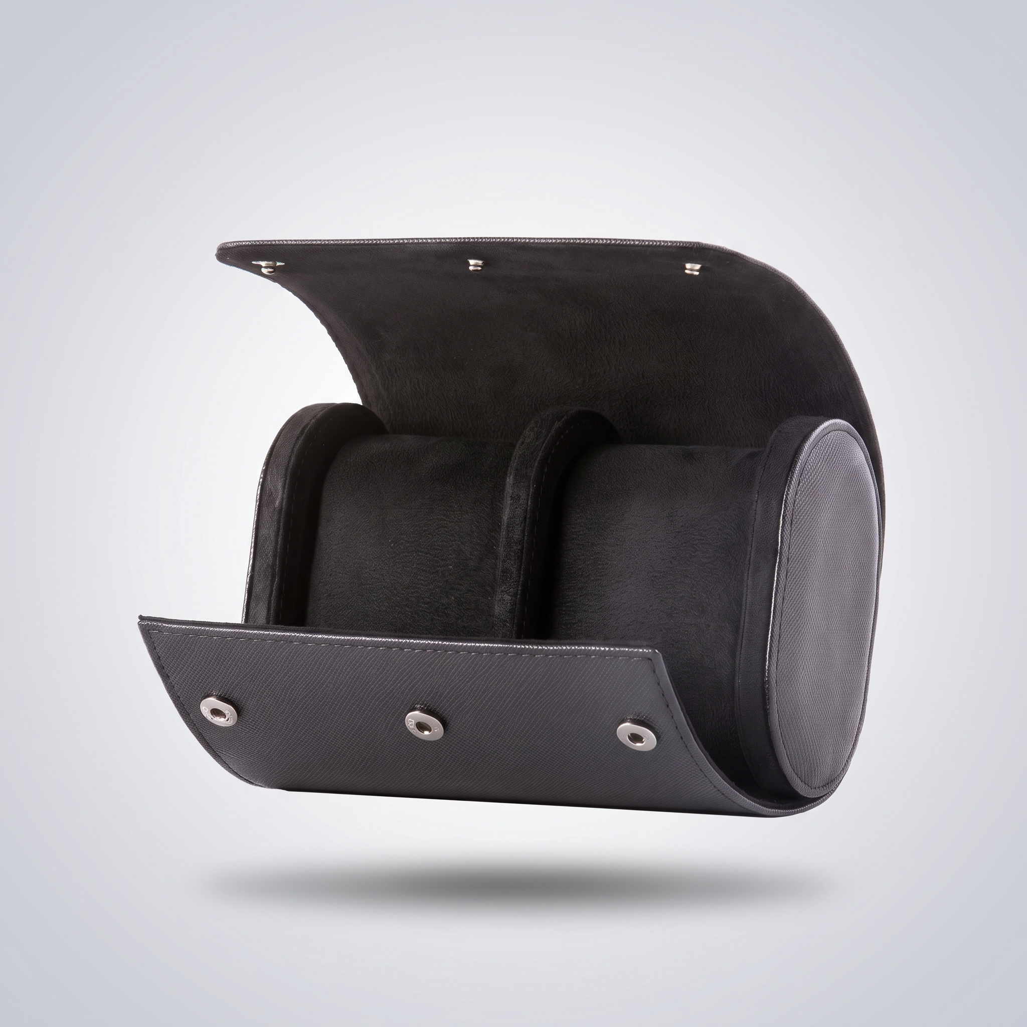 Classic Black leather watch roll for two watches, open, showing the black suede cushions