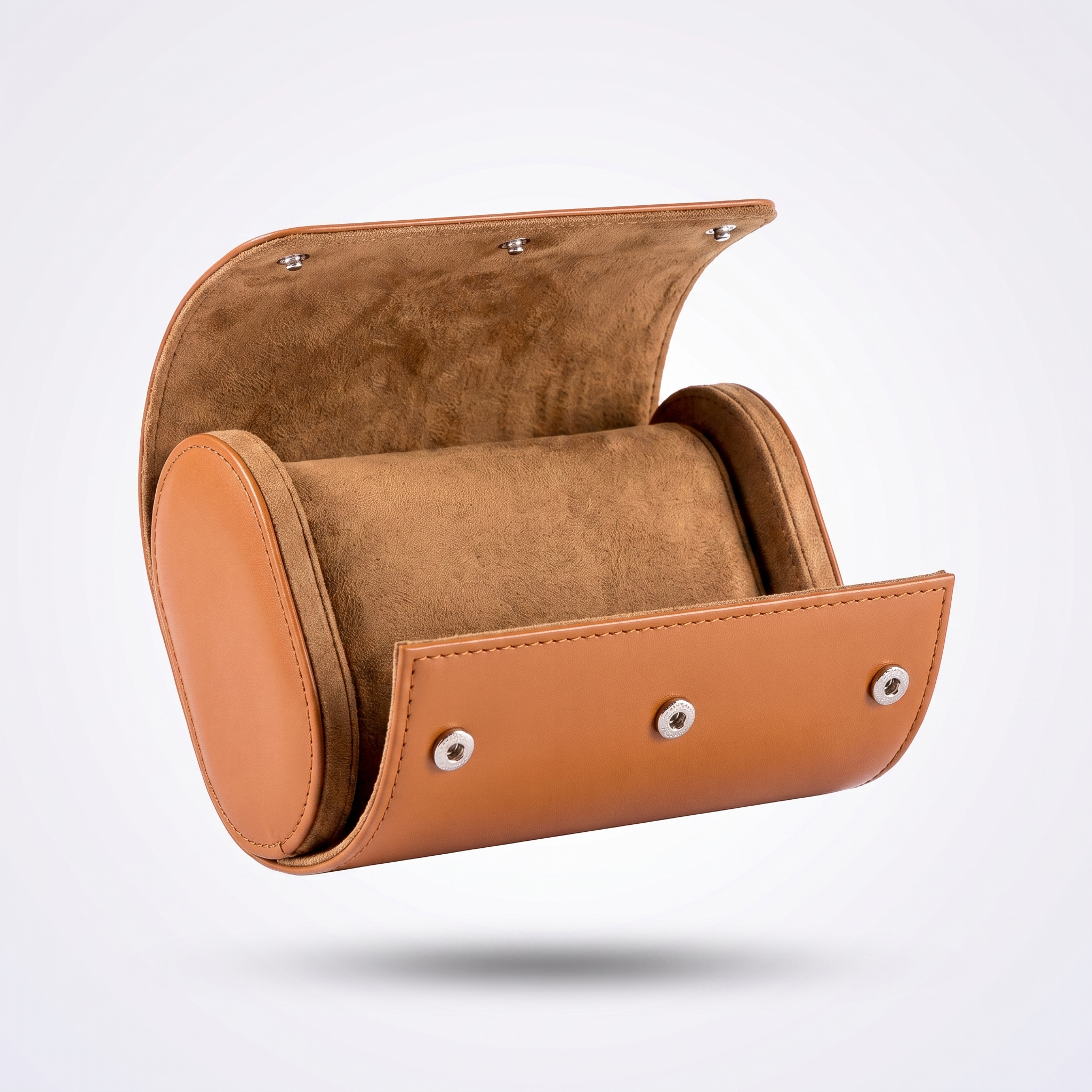 Cognac Brown leather watch roll for one watch, open, showing the tan suede cushion