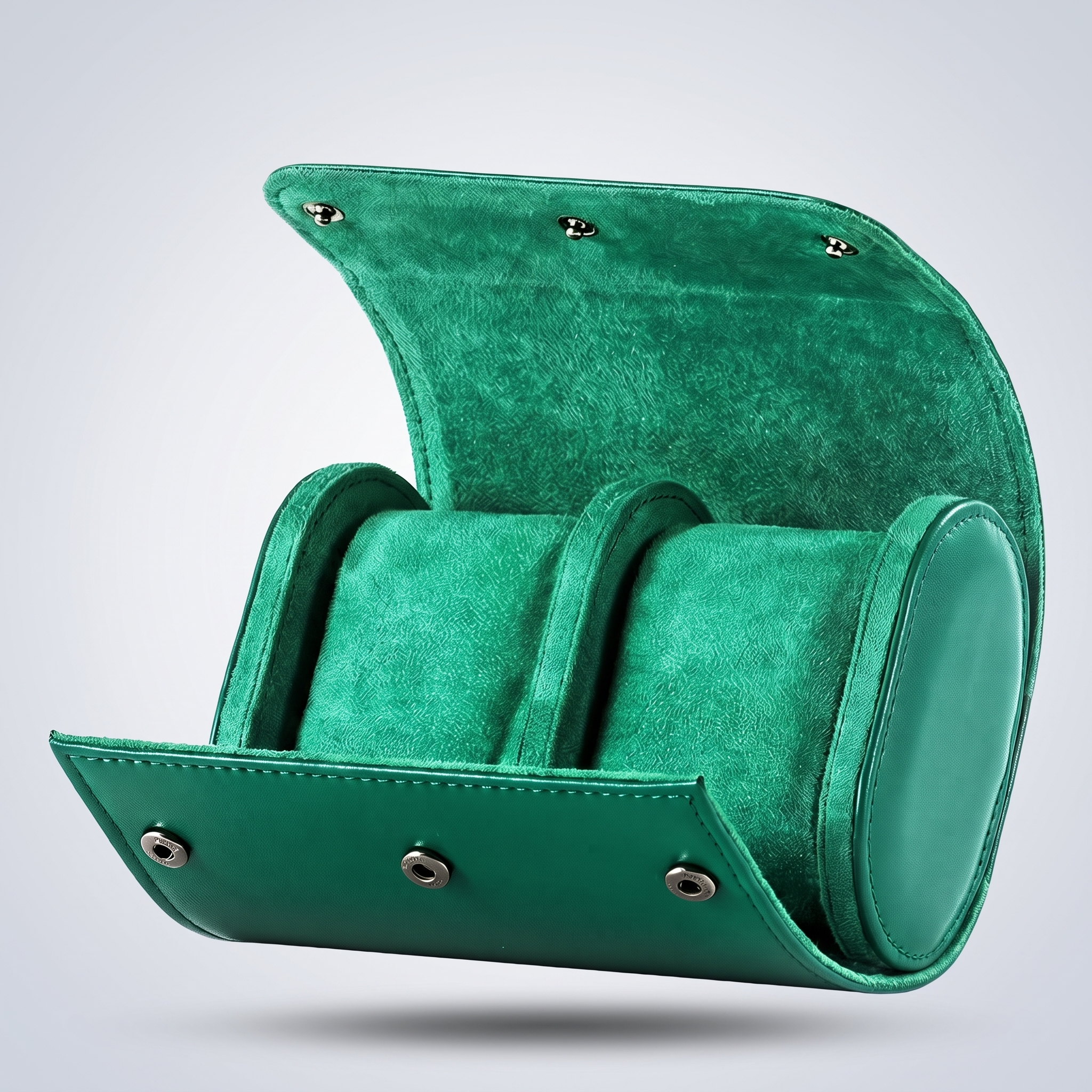 Emerald Green leather watch roll for two watches, open, showing the green suede cushions