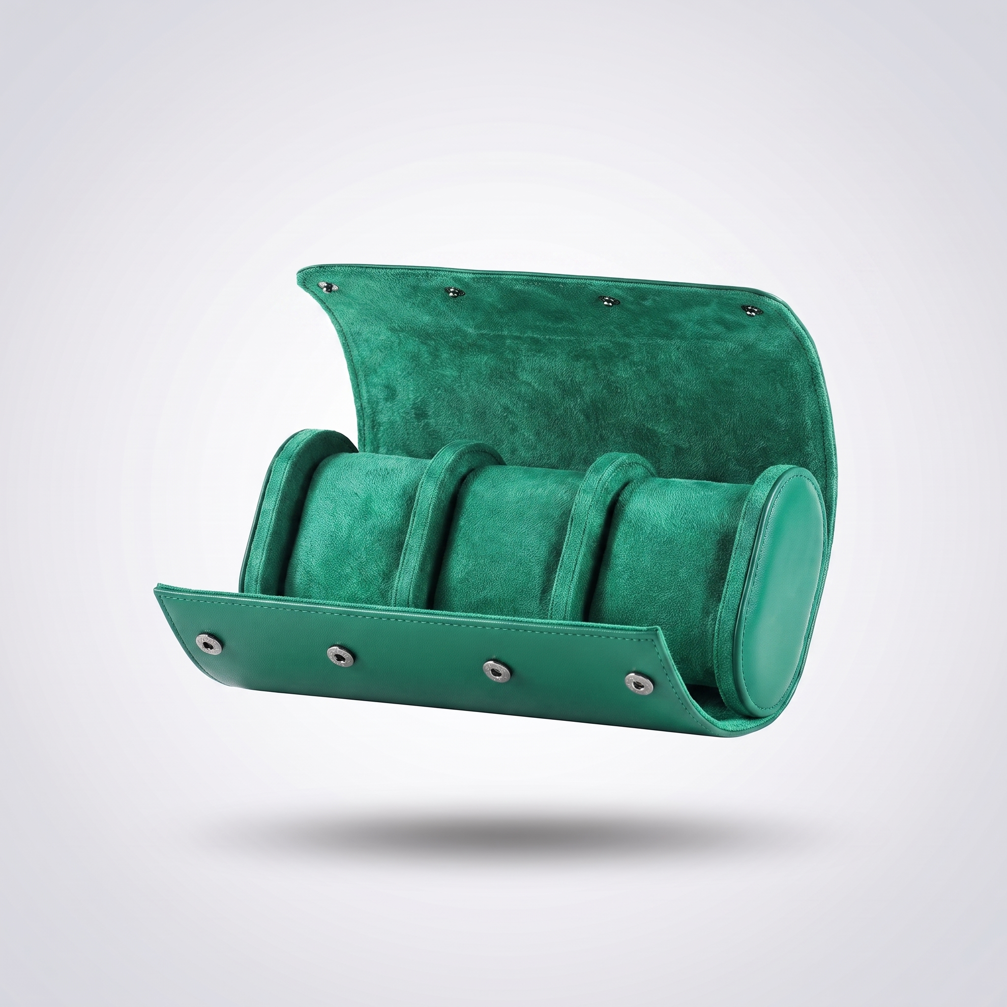 Emerald Green leather watch roll for three watches, open, showing the green suede cushions