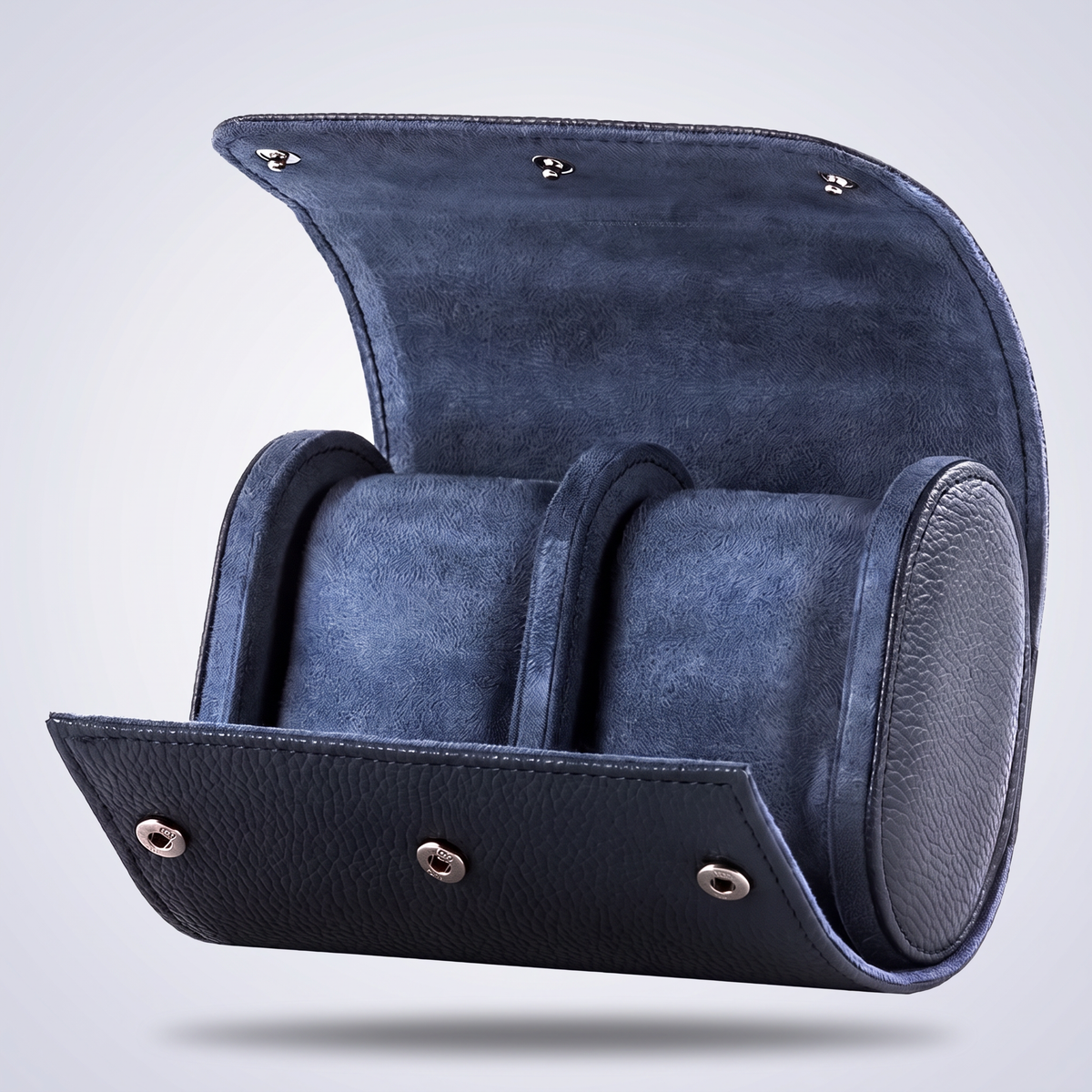 Midnight Blue leather watch roll for two watches, open, showing the navy suede cushions