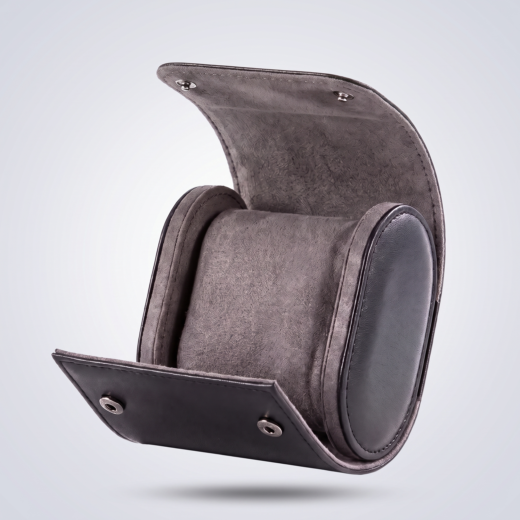 Slate Grey leather watch roll for one watch, black leather with grey suede cushion
