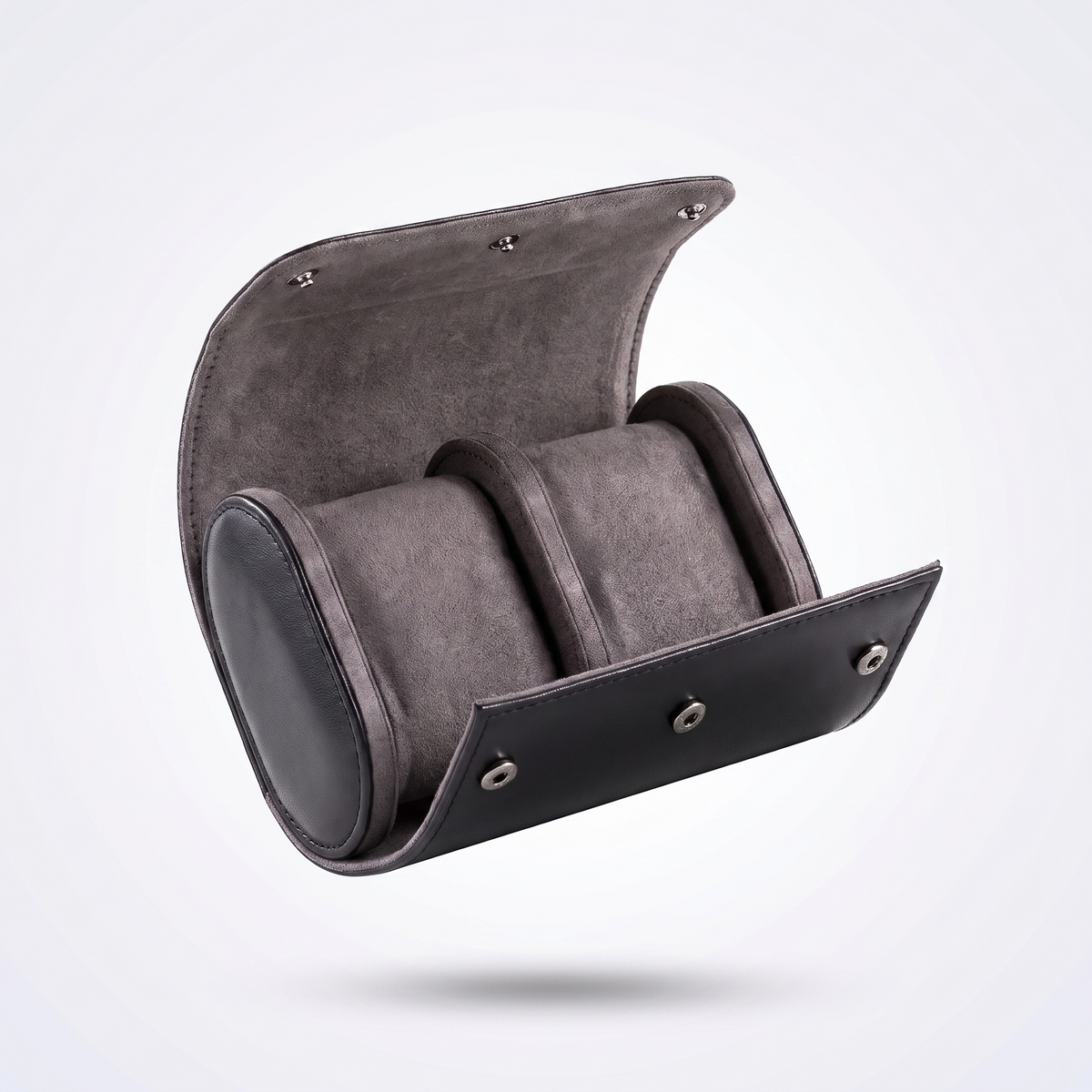 Slate Grey leather watch roll for two watches, black leather with grey suede cushions