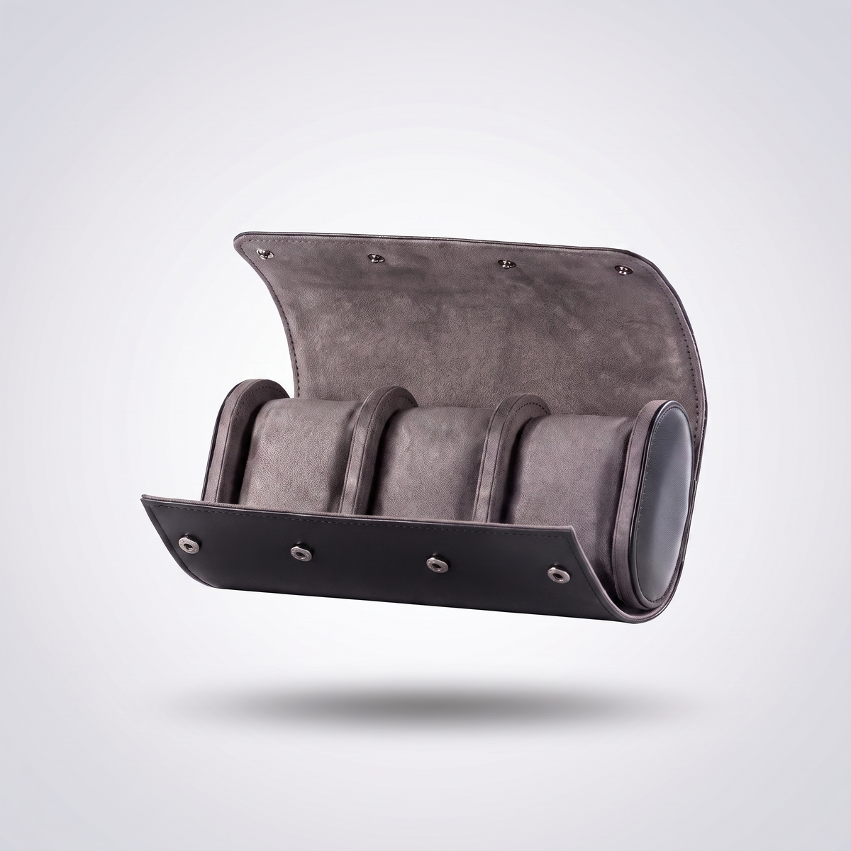Slate Grey leather watch roll for three watches, black leather with grey suede cushions