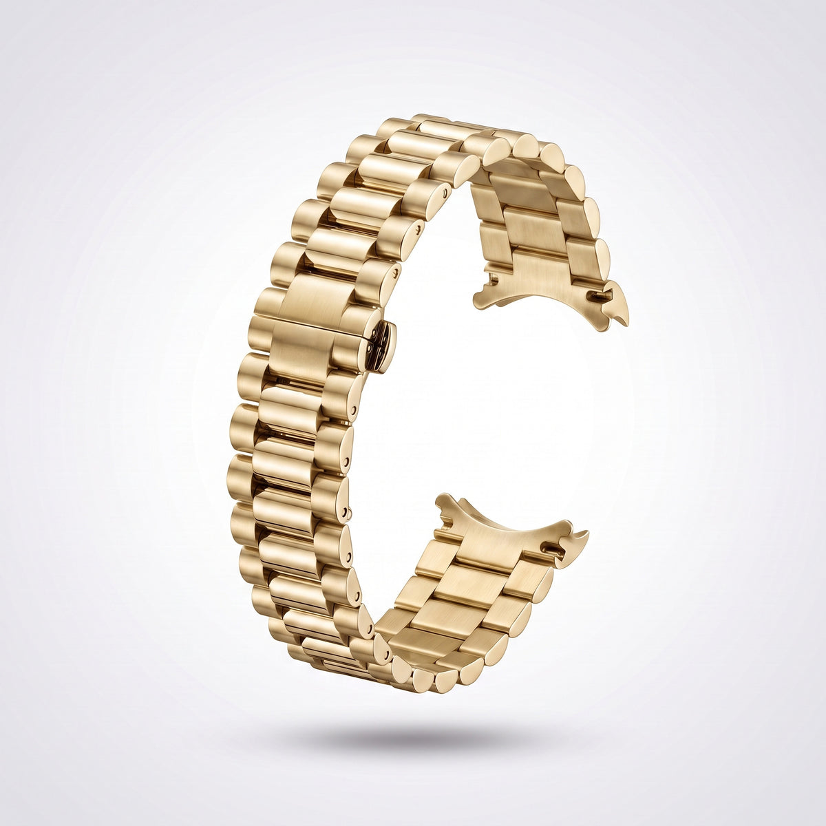 Three-row President watch bracelet for 31 mm cases in yellow gold, domed links with a wider polished centre row