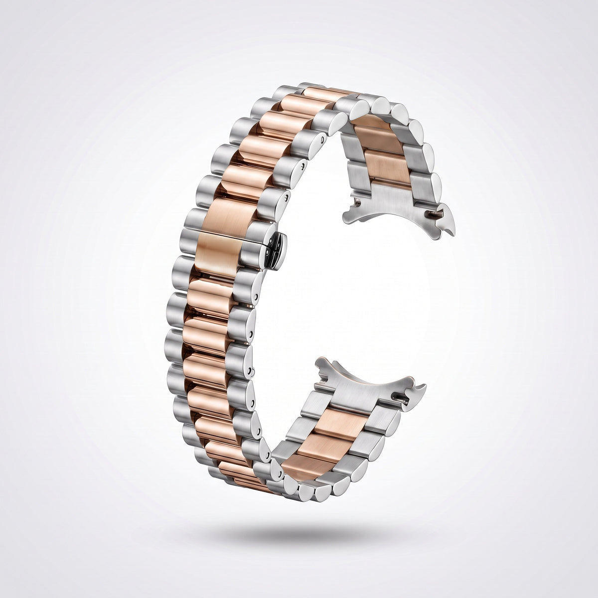 Three-row President watch bracelet for 31 mm cases in two-tone steel and rose gold, brushed steel outer rows with a polished rose gold centre row