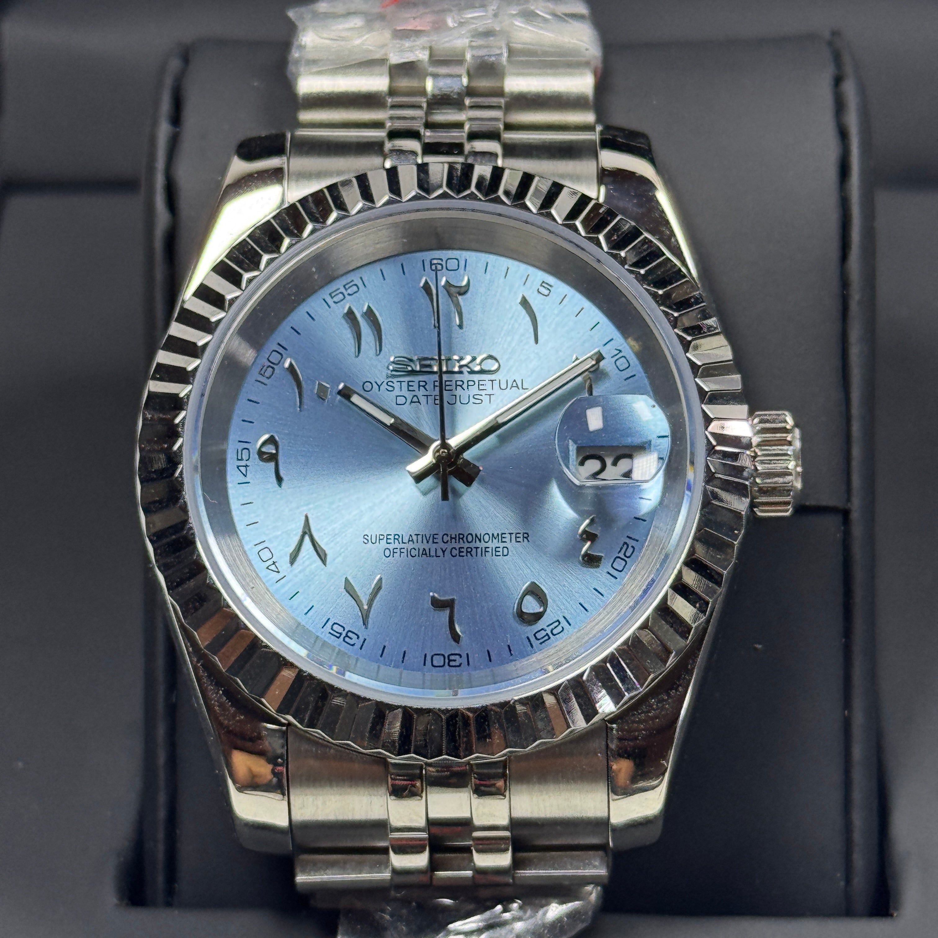 Seiko Mod Datejust Arabe Oyster Perpetual | Bleu clair
