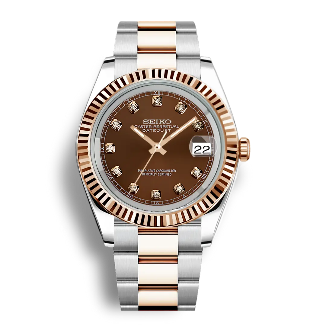 Seiko Mod Datejust Gem Rolesor Rose Gold Oyster | Chocolate - Chrono Mod