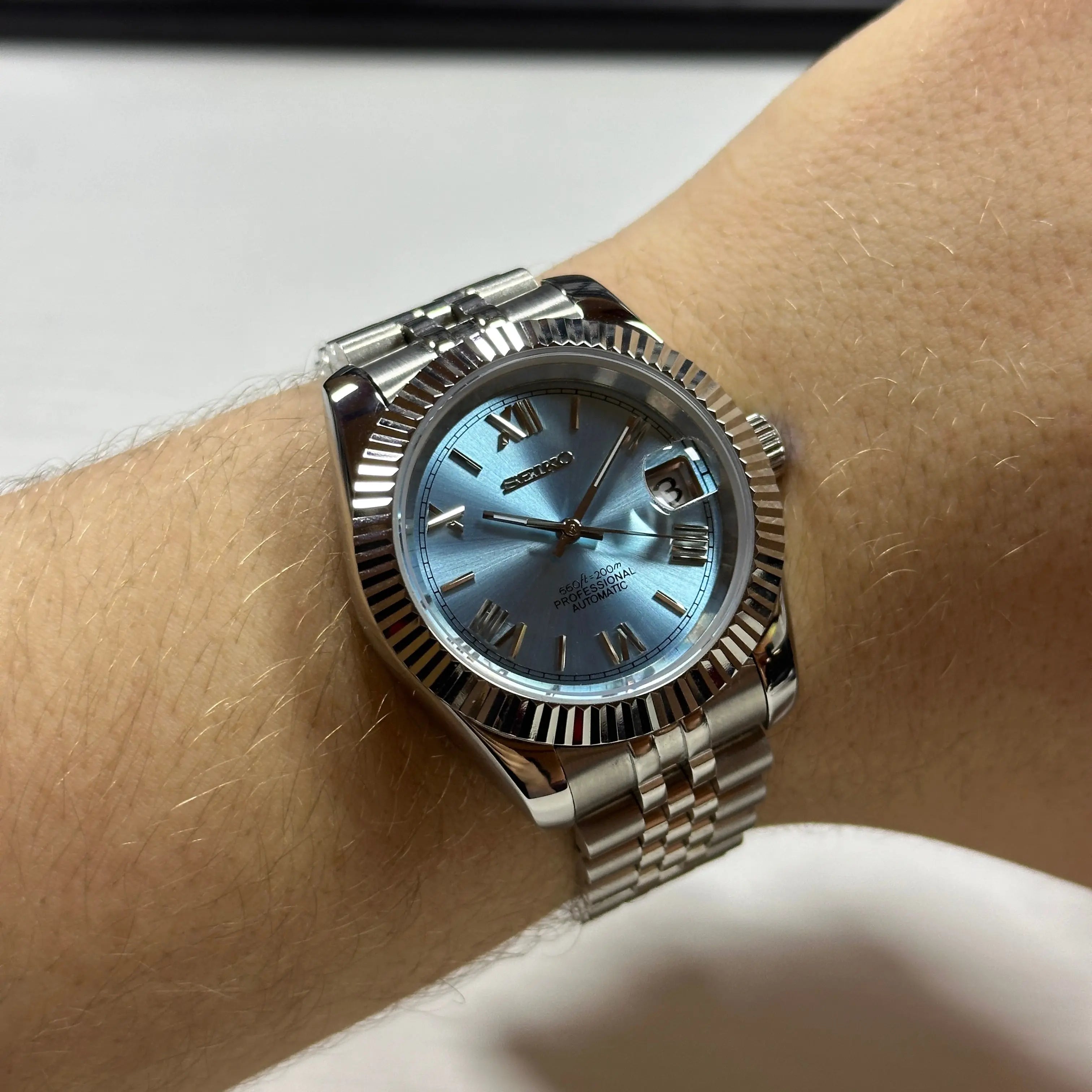 Seiko Mod Datejust Roman | Light Blue Chrono Mod