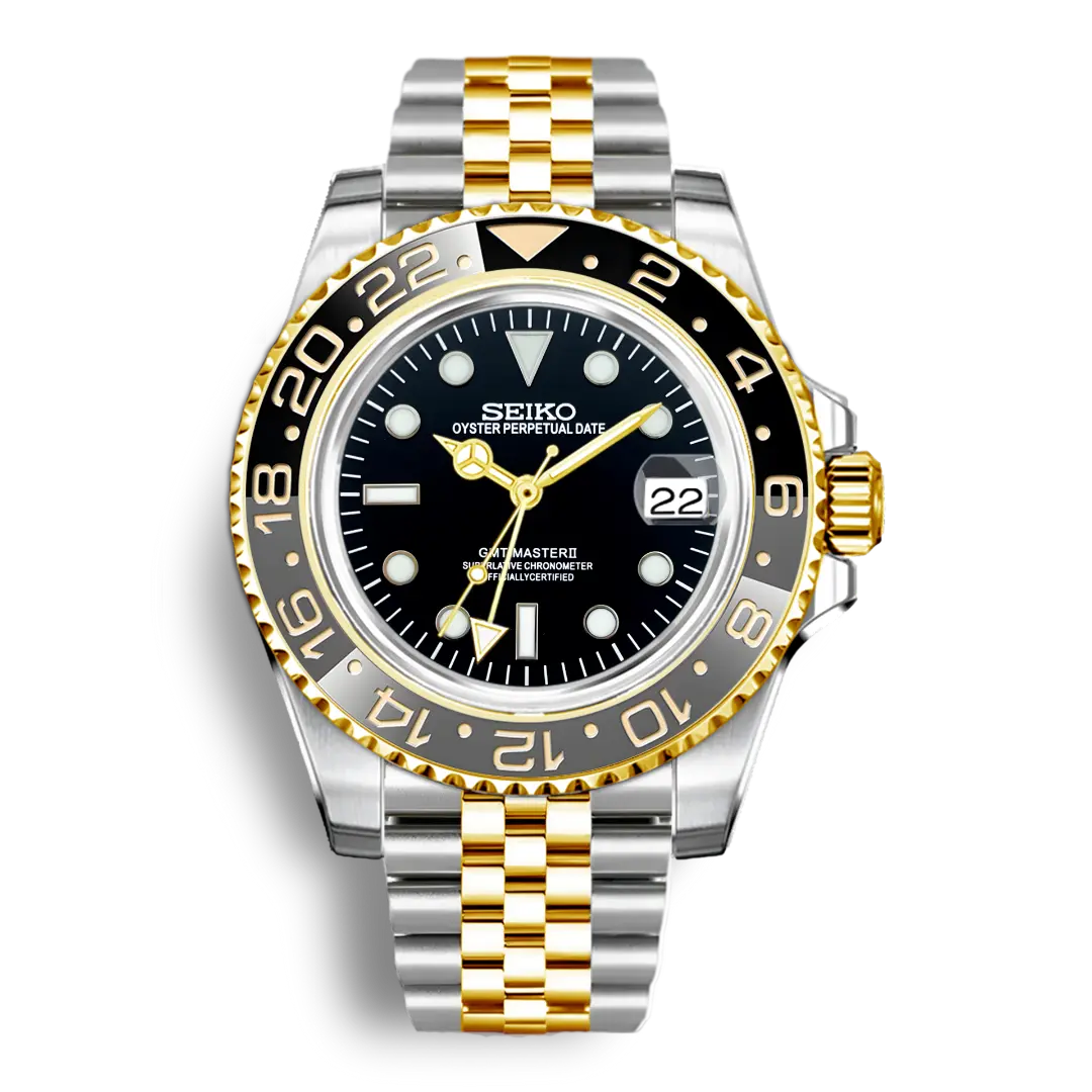 Seiko Mod Gmt Rolesor Gold | Black & Grey - Chrono Mod