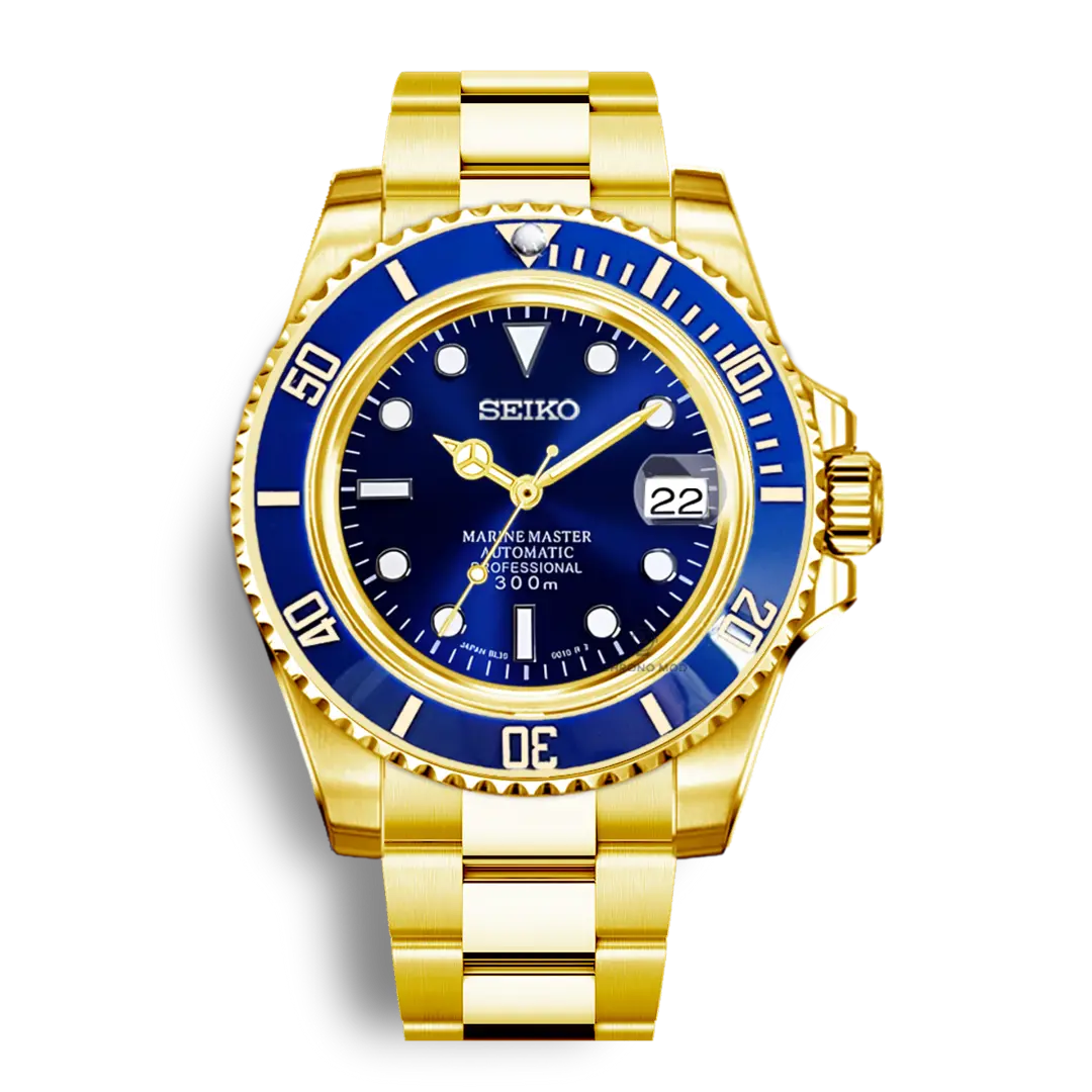 Seiko Mod Submariner Oyster Gold | Blue - Chrono Mod
