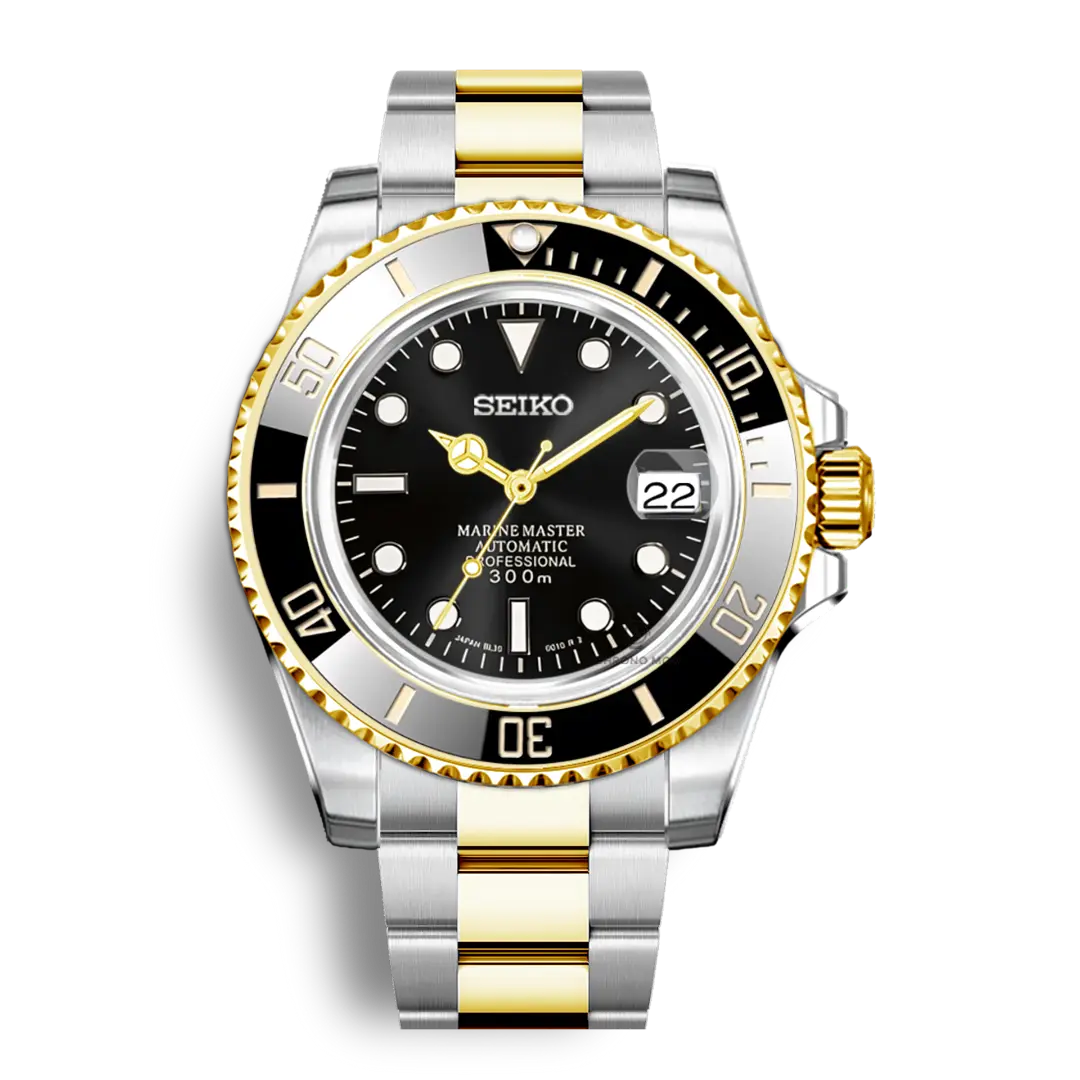 Seiko Mod Submariner Oyster Rolesor Gold | Black - Chrono Mod